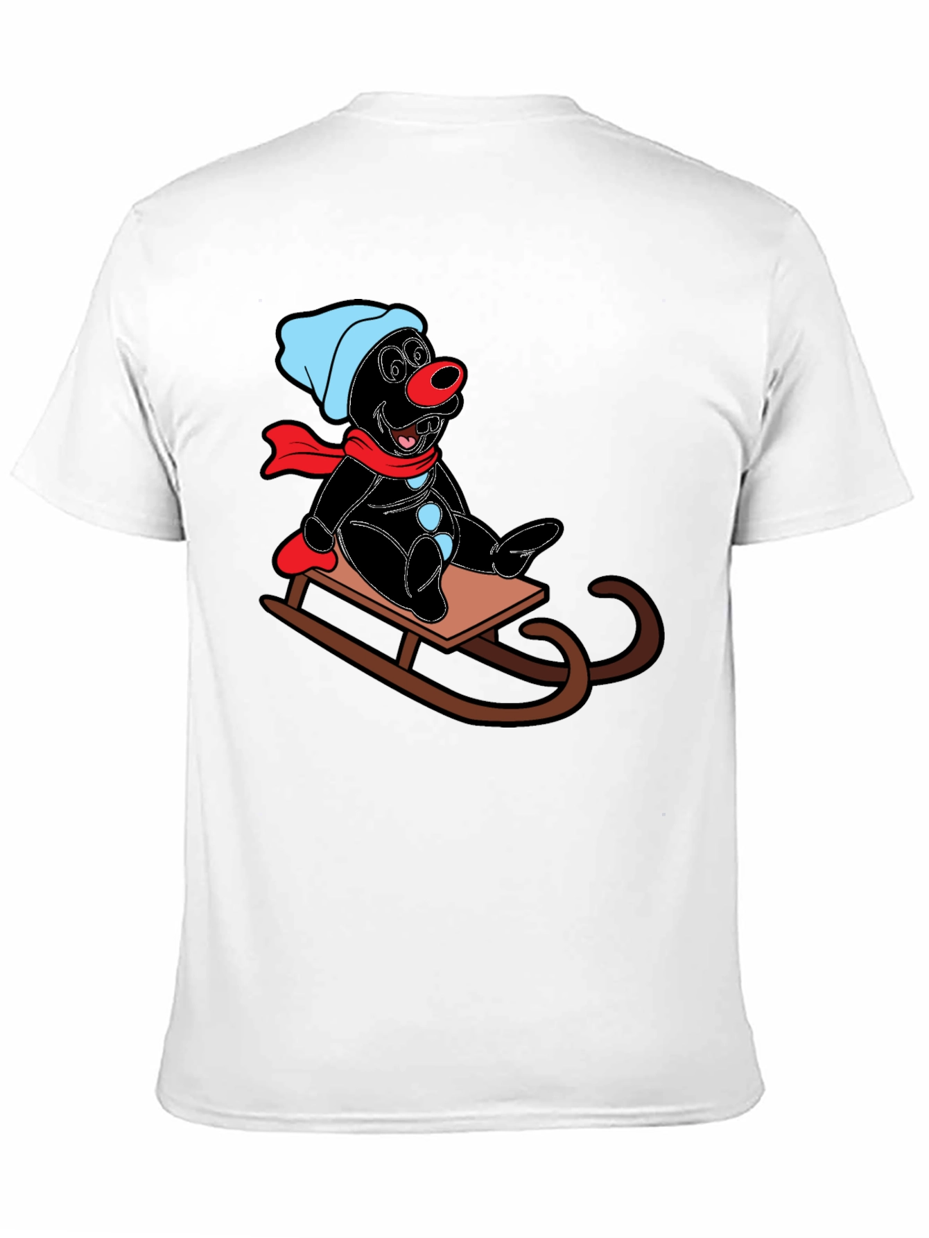 Cartoon Mole on Sled Black T-Shirt