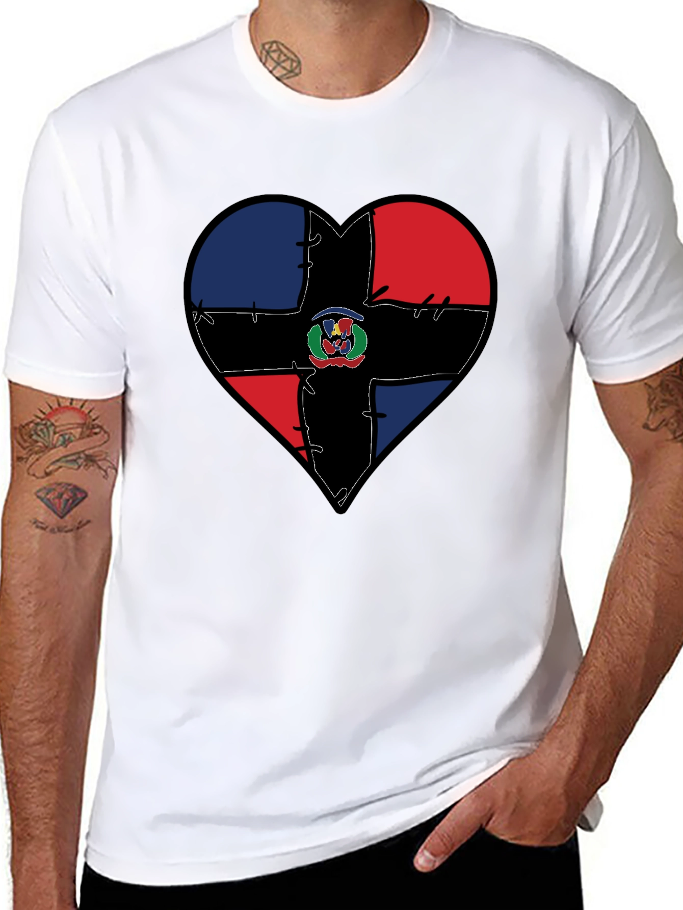 Dominican Republic Flag Heart T-Shirt - Black