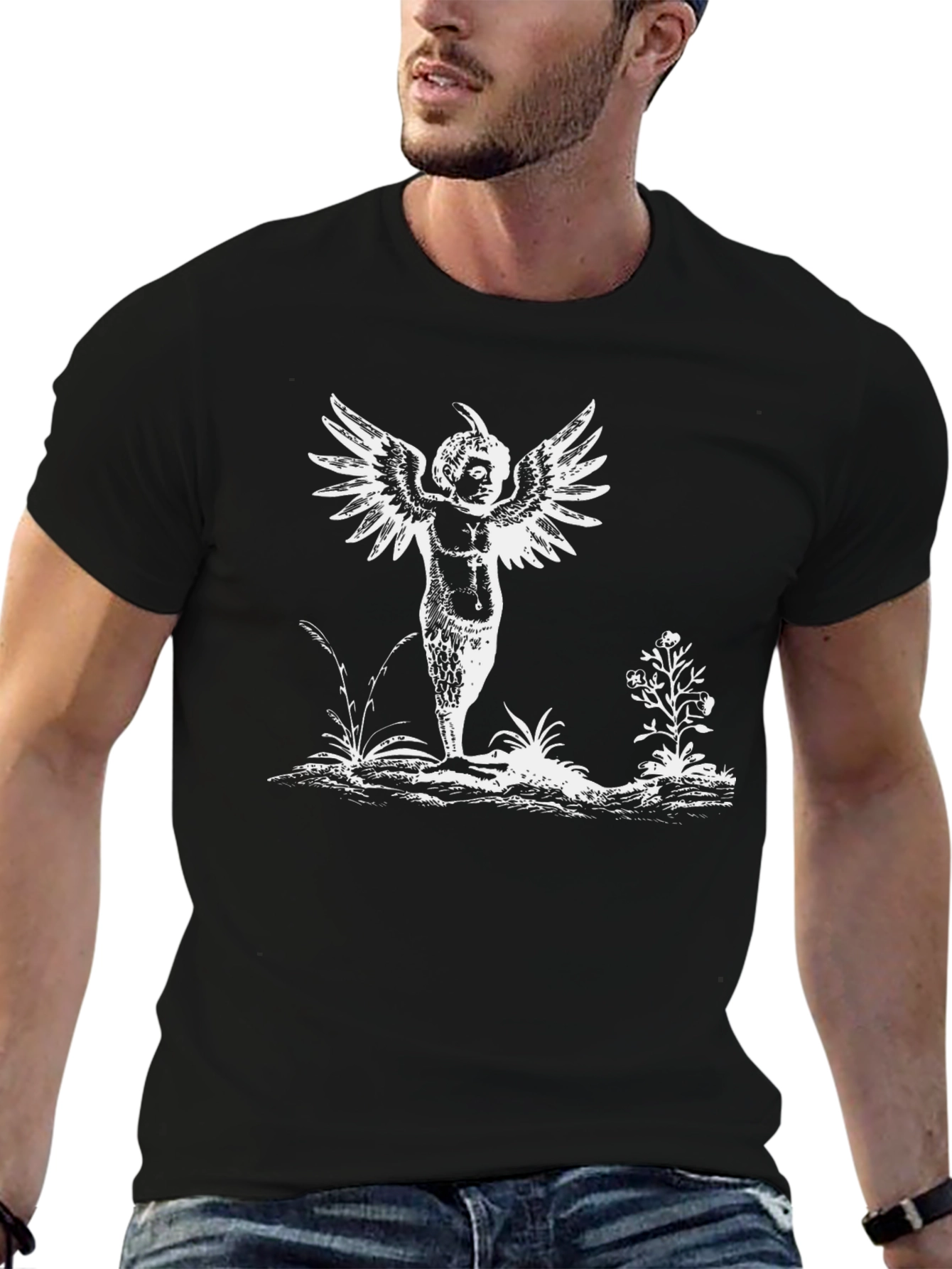 Whimsical Winged Figure Black T-Shirt