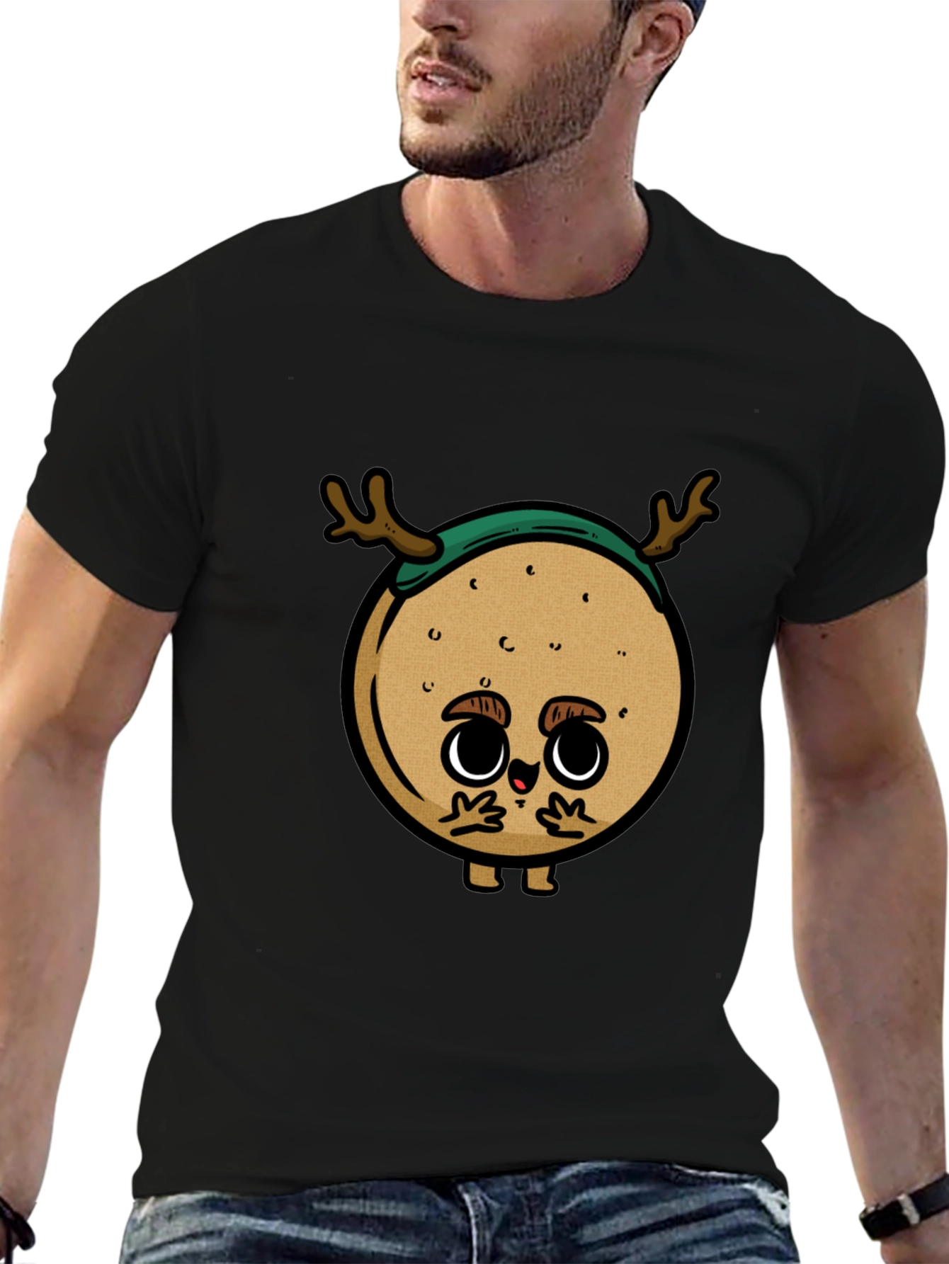 Cute Cartoon Deer on Black T-Shirt