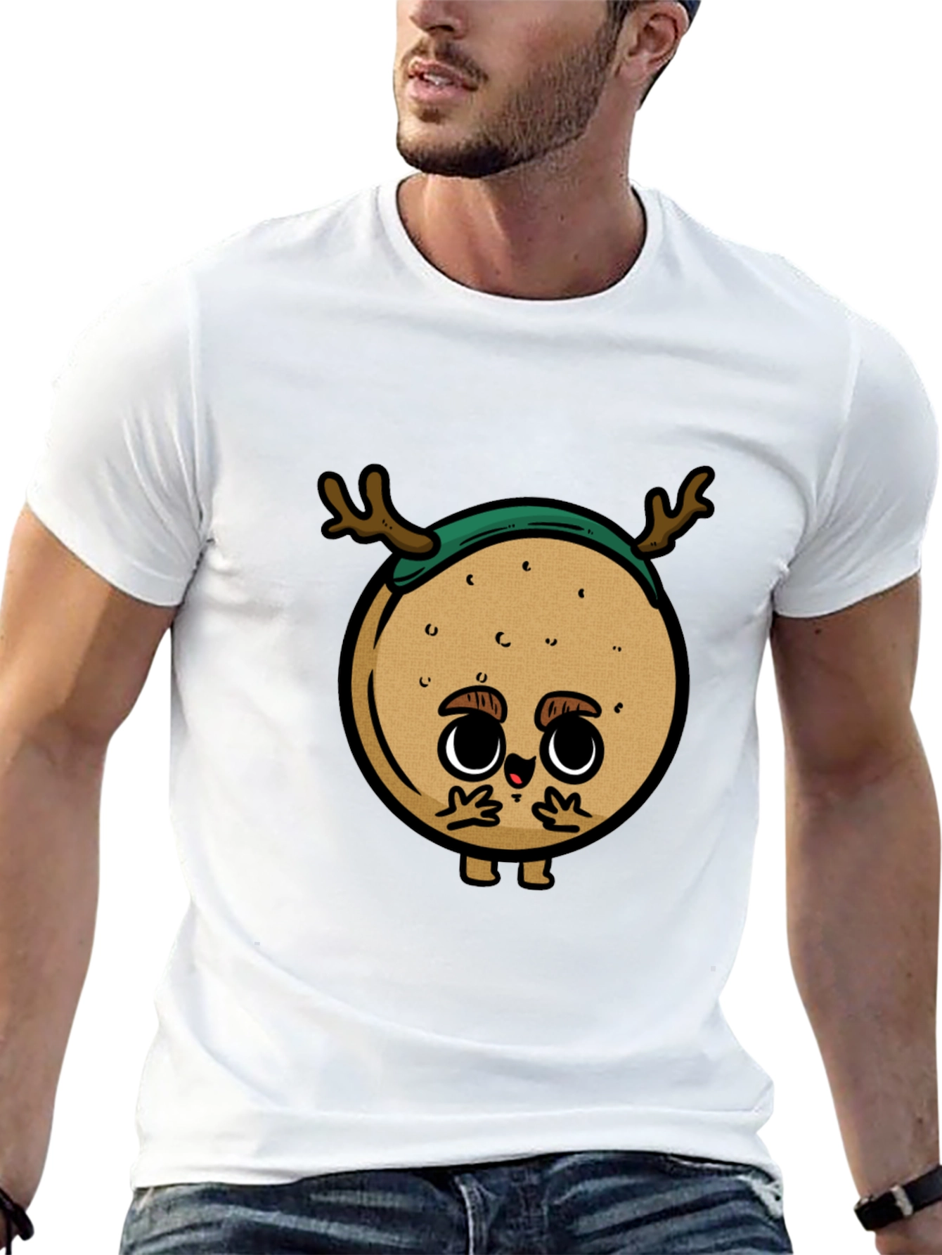 Cute Cartoon Deer on Black T-Shirt