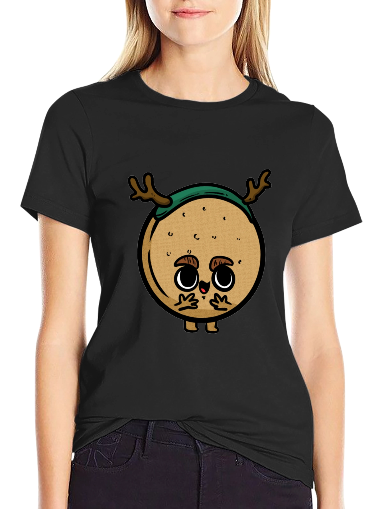 Cute Cartoon Deer on Black T-Shirt
