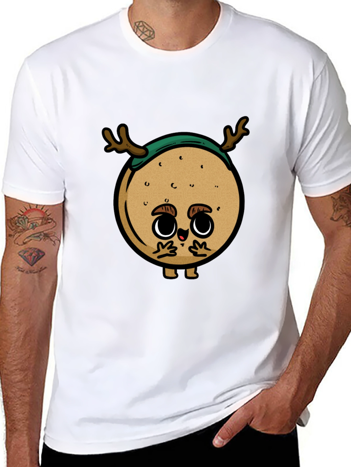 Cute Cartoon Deer on Black T-Shirt