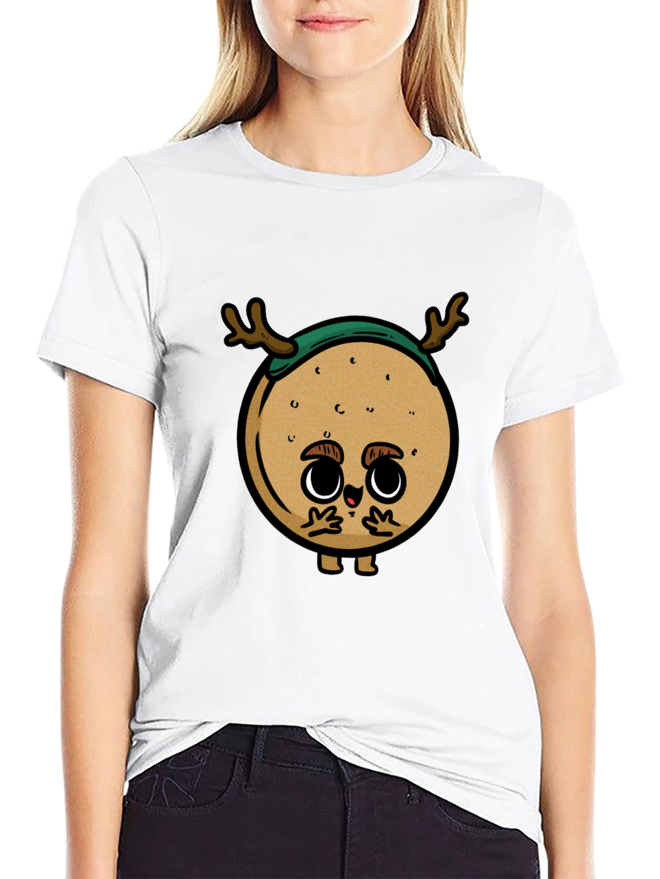 Cute Cartoon Deer on Black T-Shirt
