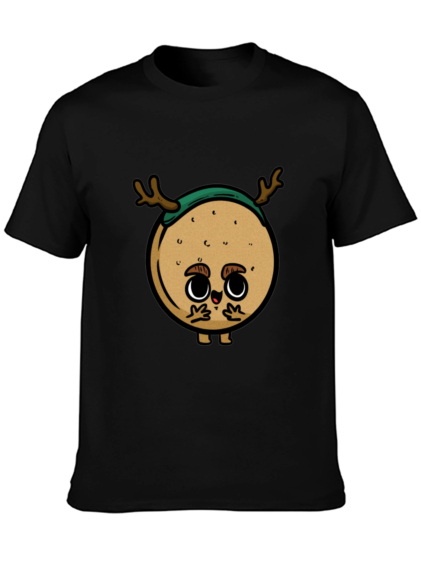 Cute Cartoon Deer on Black T-Shirt