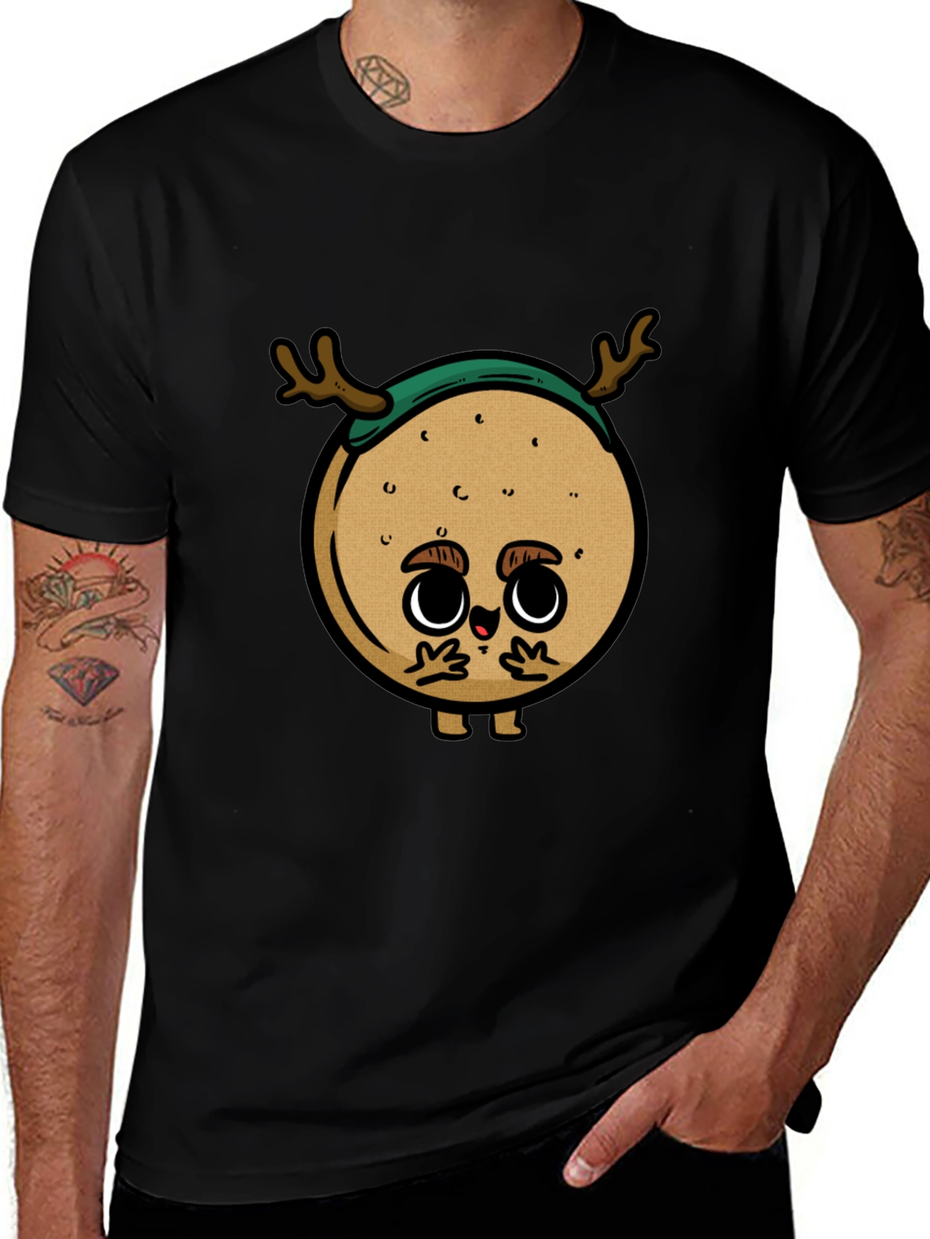 Cute Cartoon Deer on Black T-Shirt