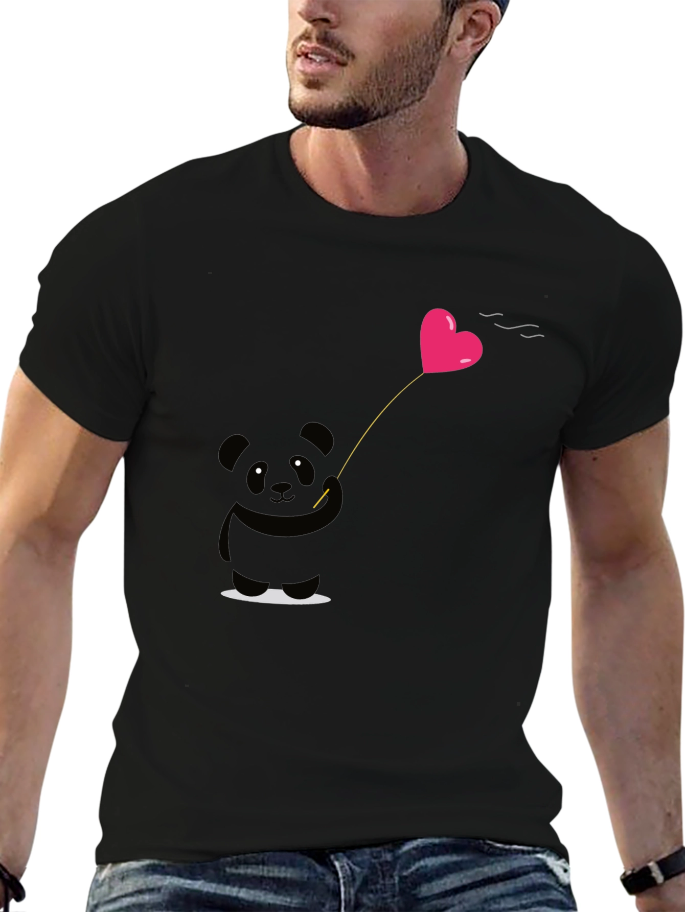 Cute Panda Heart Balloon Graphic Tee - Black