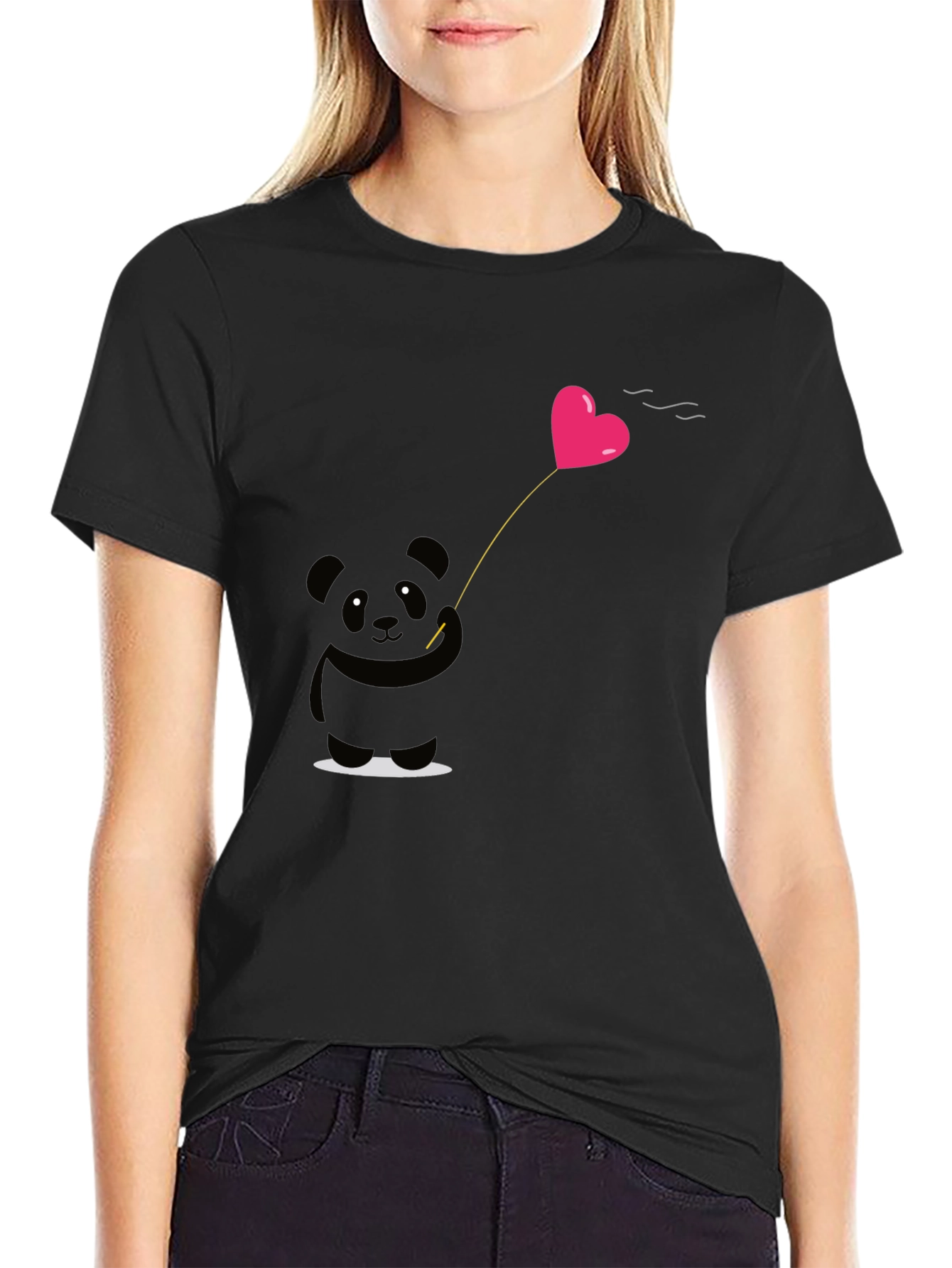 Cute Panda Heart Balloon Graphic Tee - Black