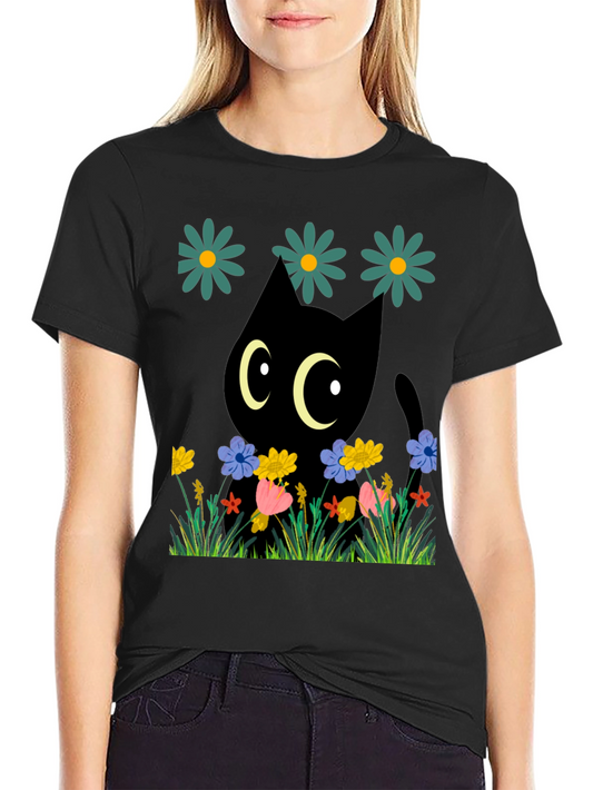 Black Cat in Flowers T-Shirt