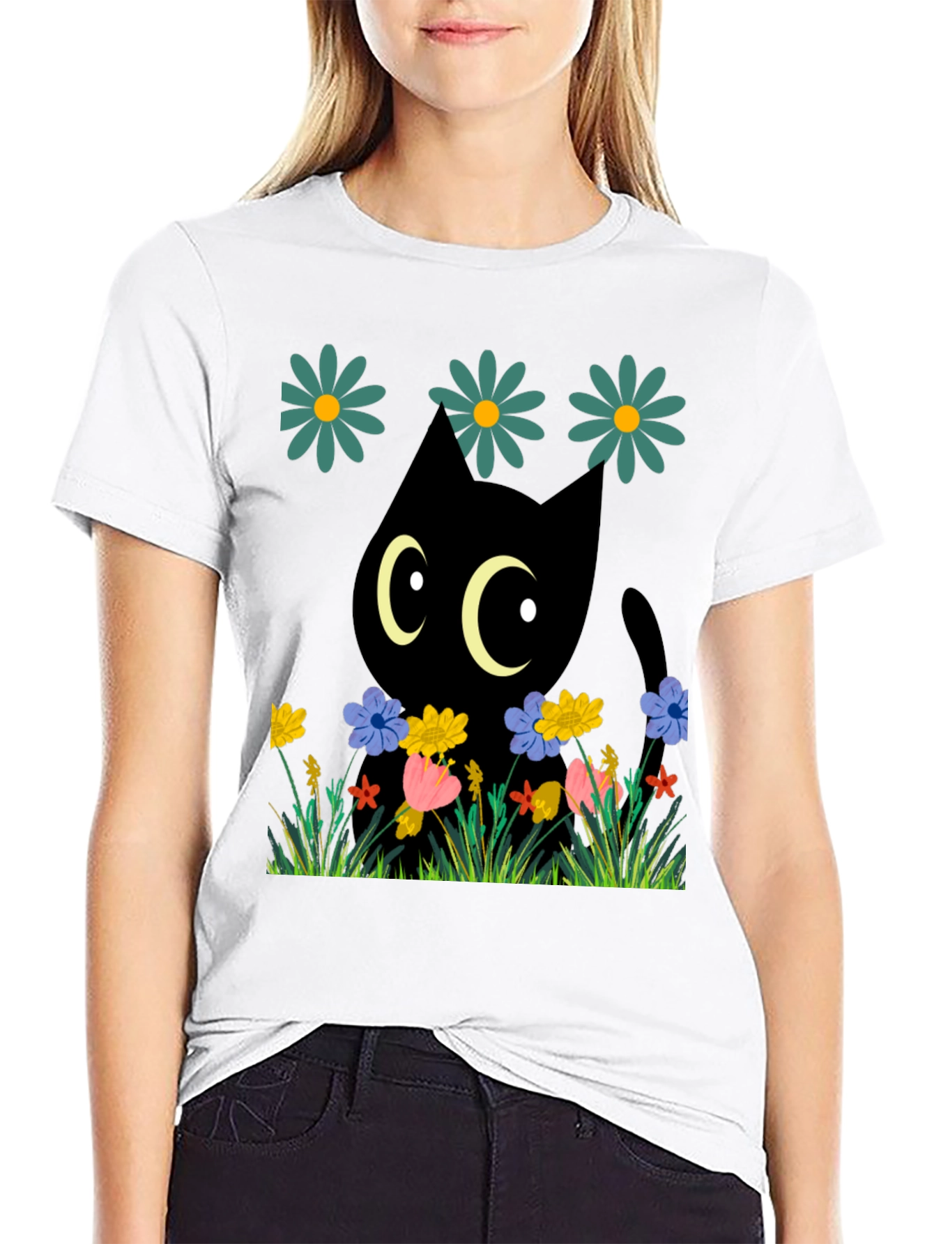 Black Cat in Flowers T-Shirt