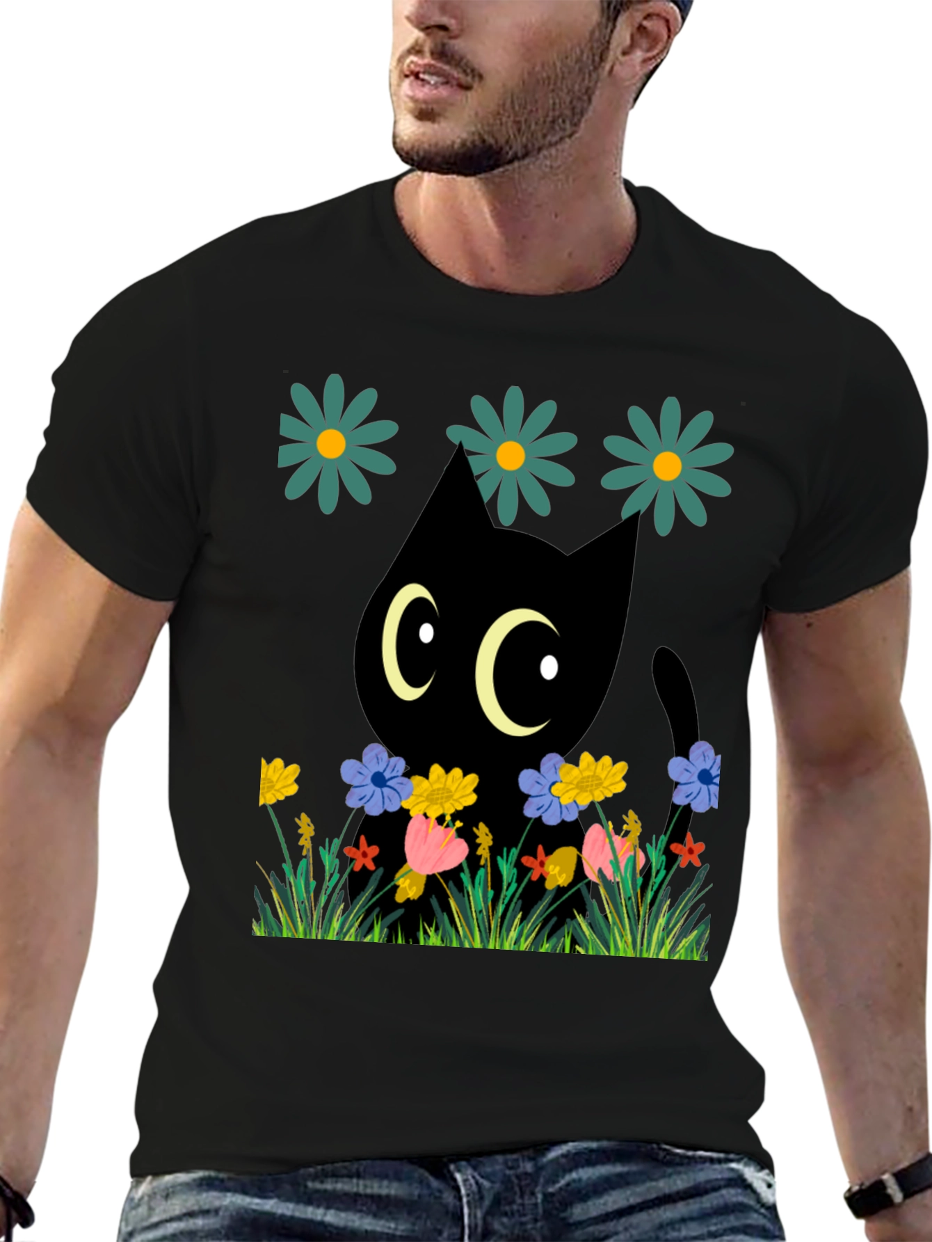 Black Cat in Flowers T-Shirt