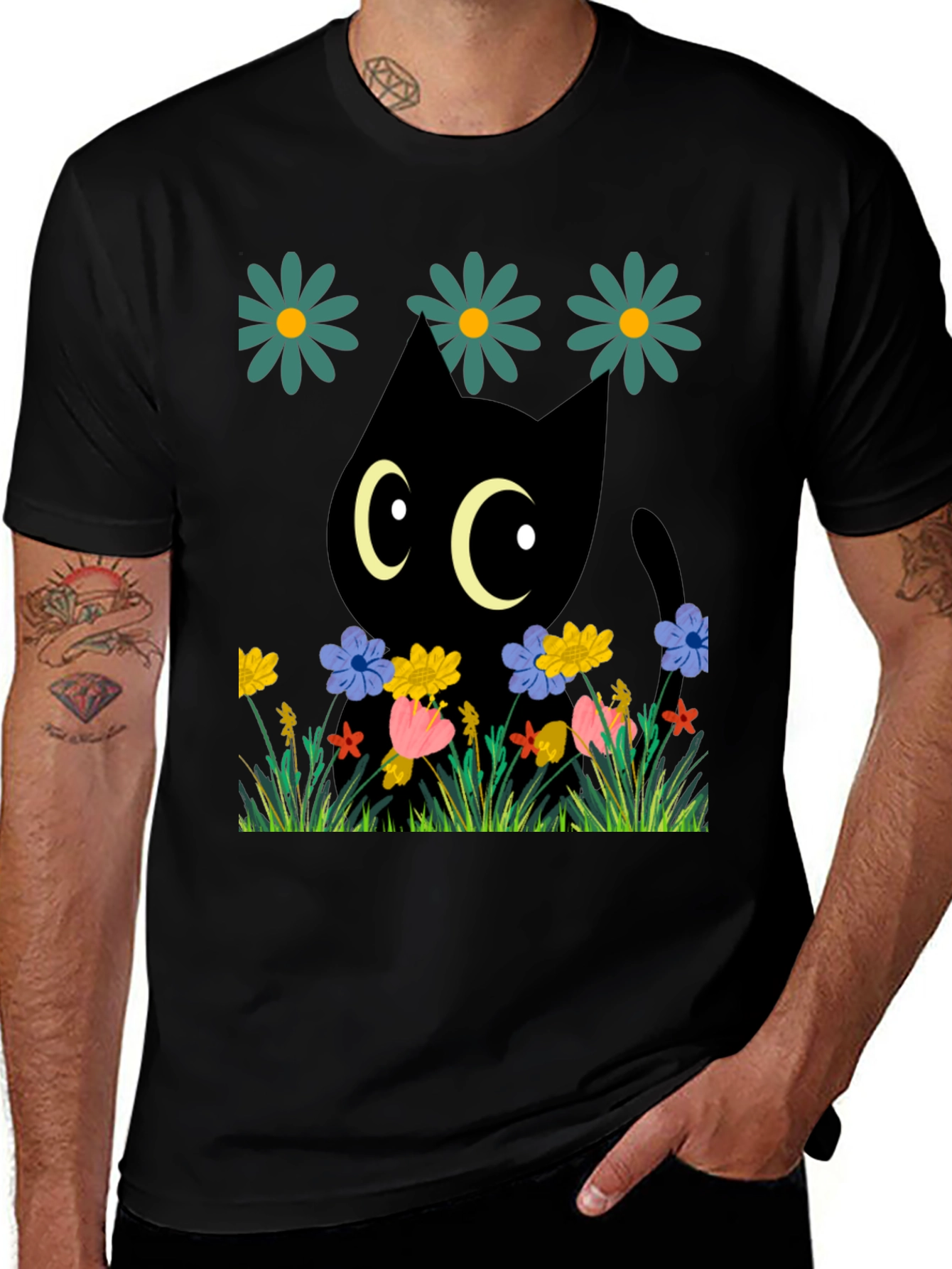 Black Cat in Flowers T-Shirt