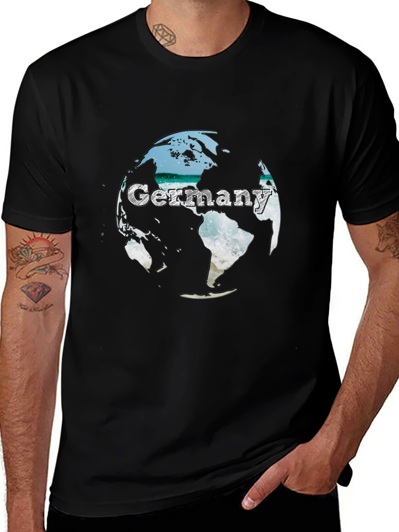 Germany Globe Graphic Tee - Black Crew Neck T-Shirt