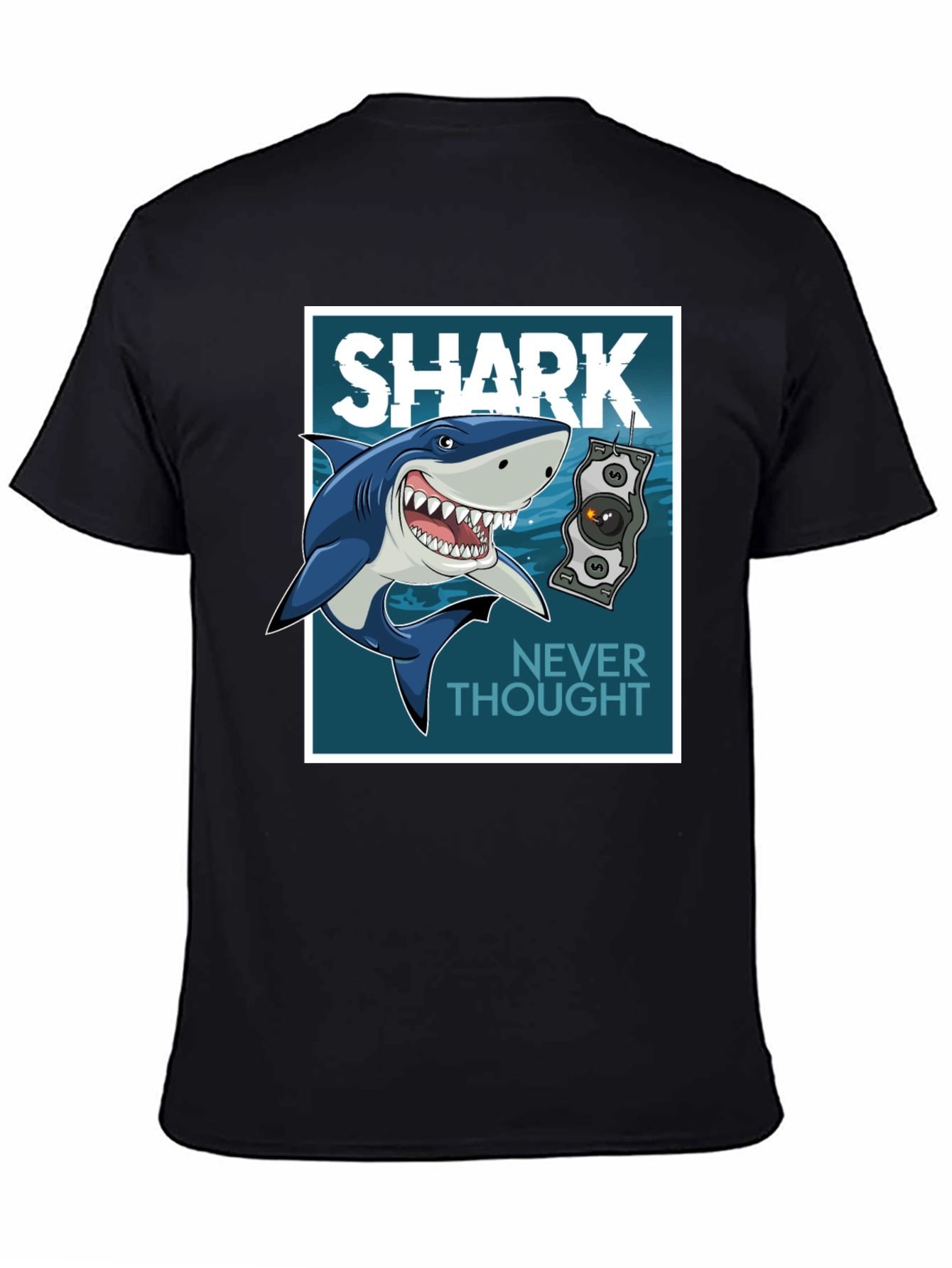 Shark Never Thought Graphic Print Black Tee