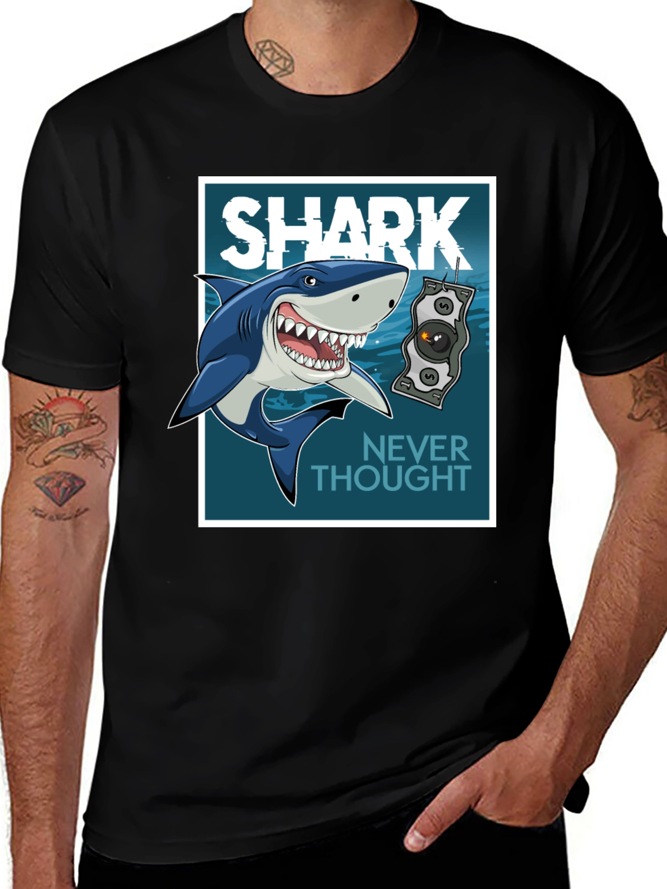 Shark Never Thought Graphic Print Black Tee