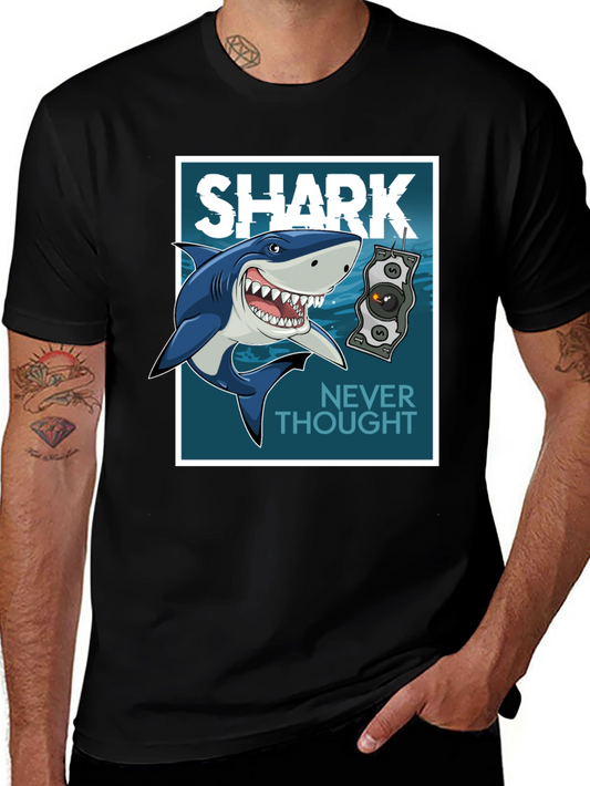 Shark Never Thought Graphic Print Black Tee