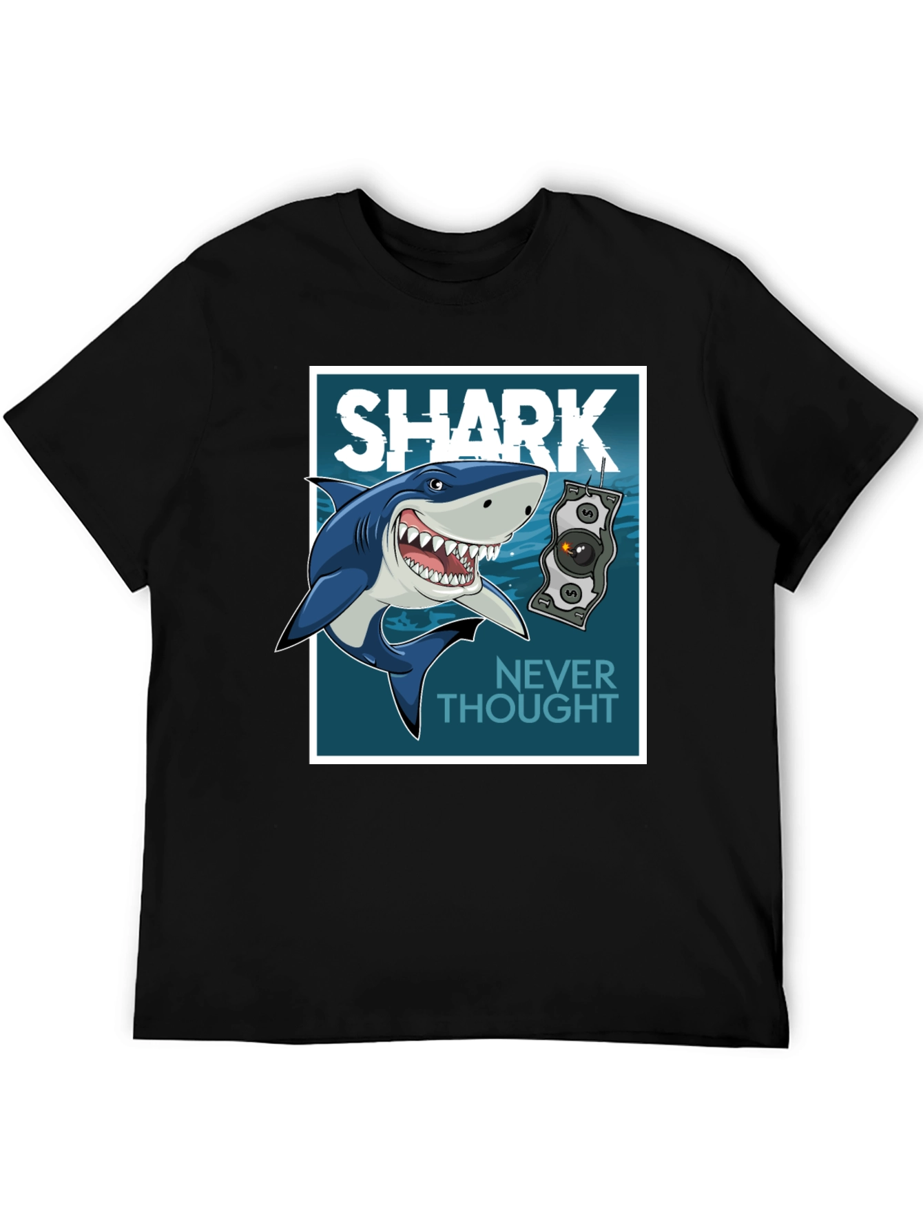 Shark Never Thought Graphic Print Black Tee