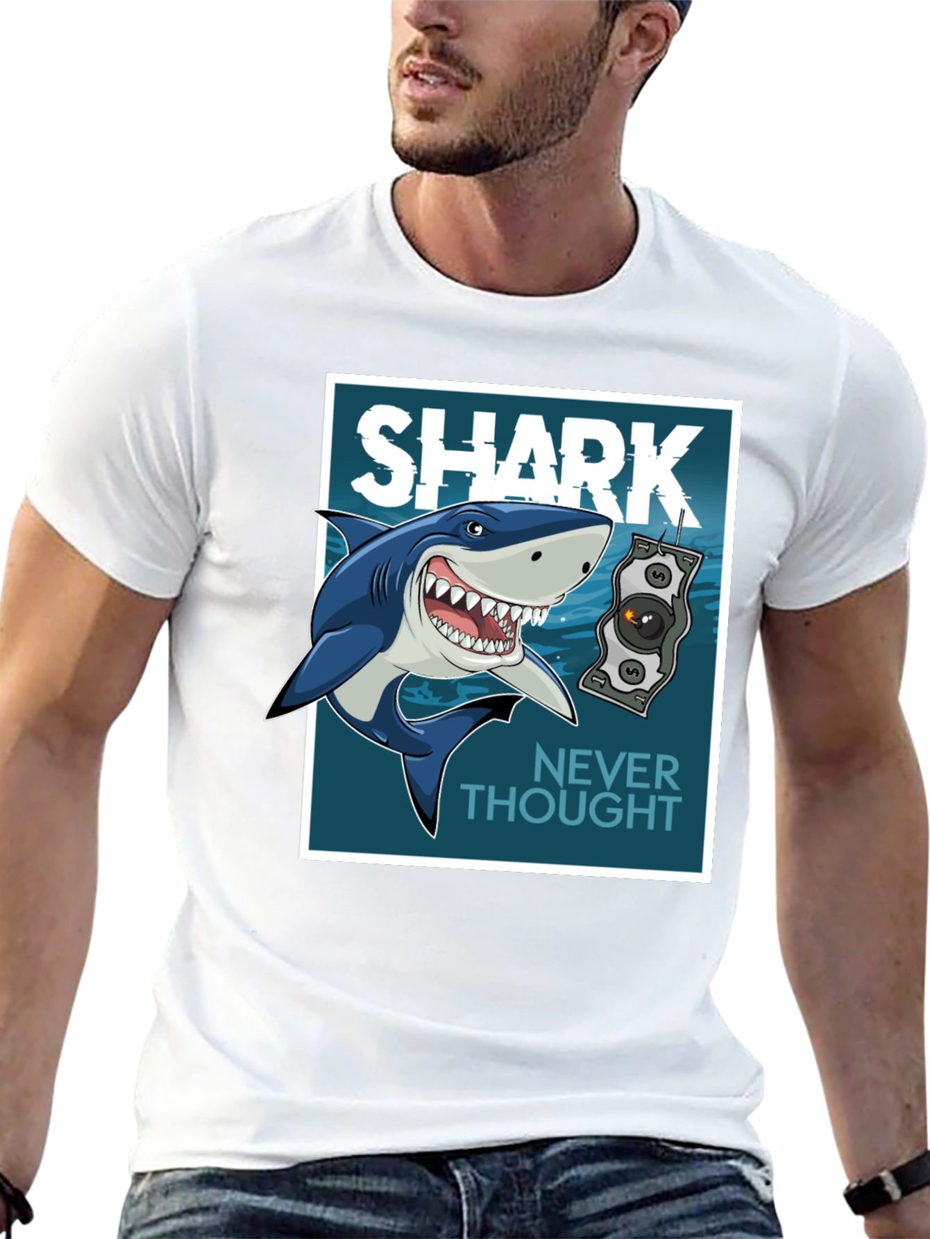 Shark Never Thought Graphic Print Black Tee