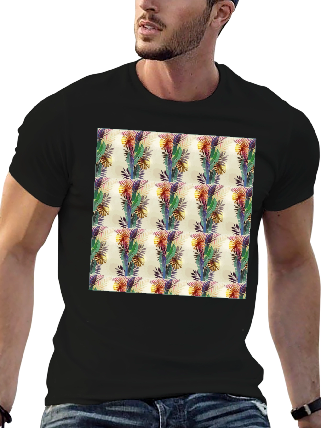 Tropical Leaf Pattern Black T-Shirt
