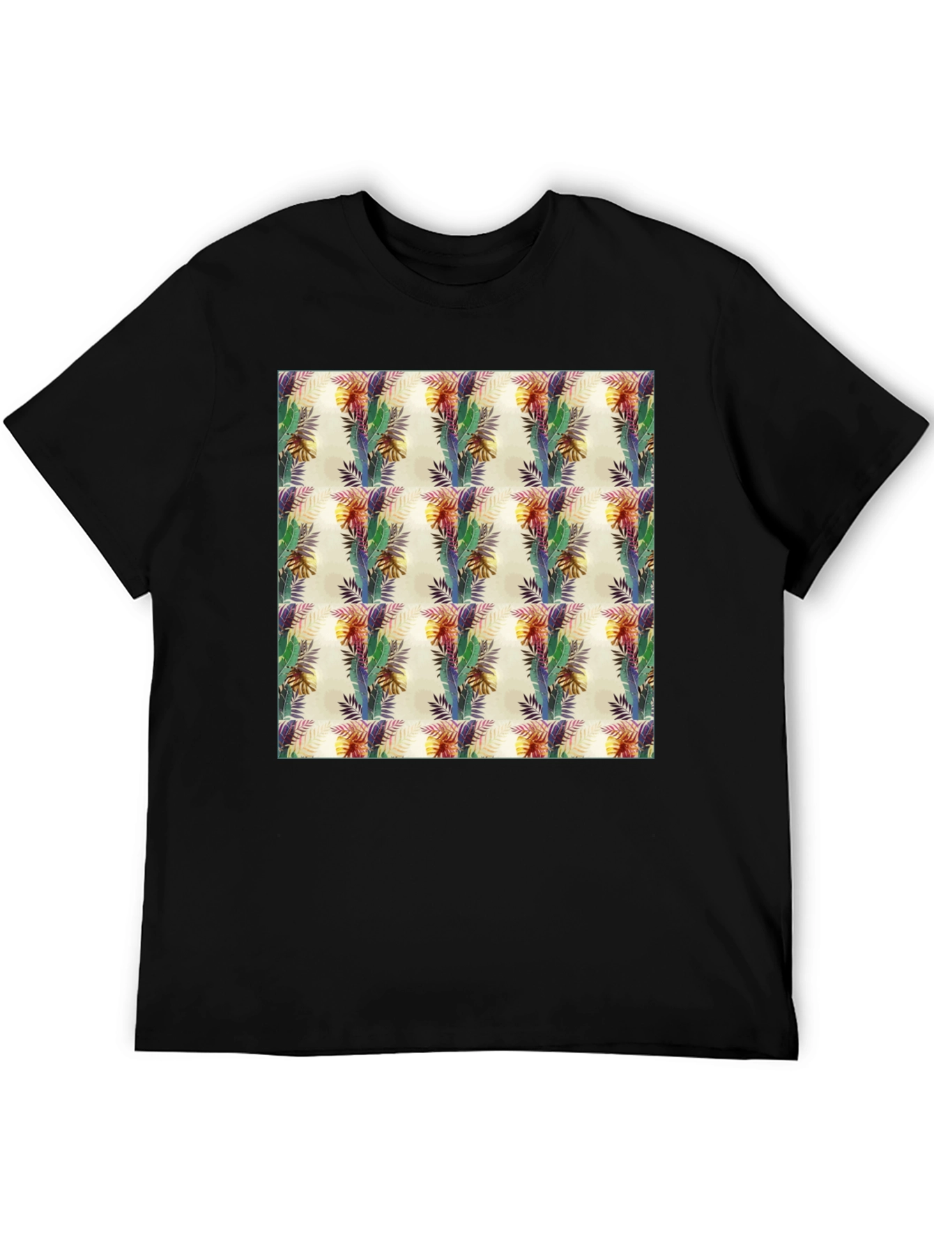 Tropical Leaf Pattern Black T-Shirt