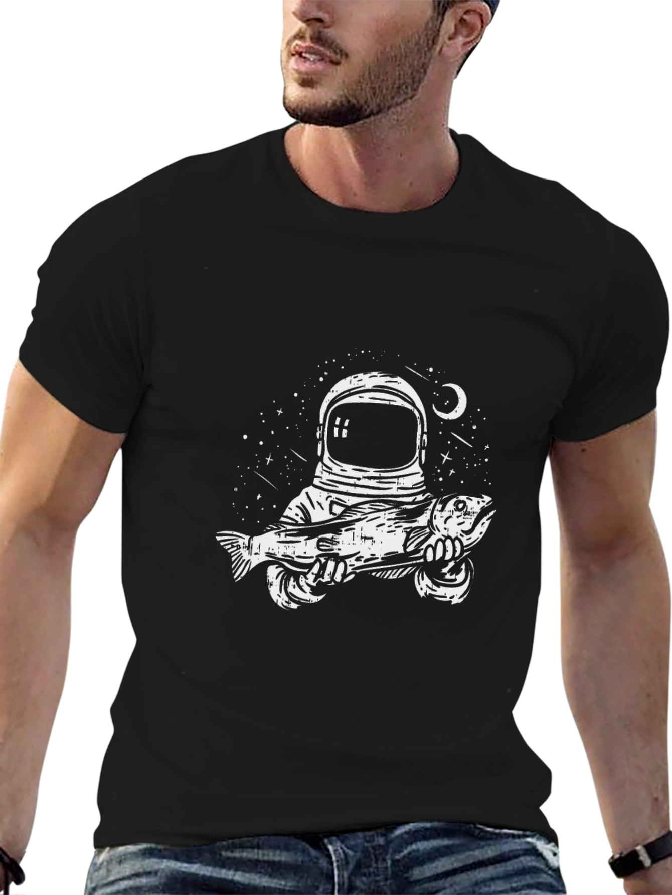 Astronaut Fishing Graphic Tee - Black