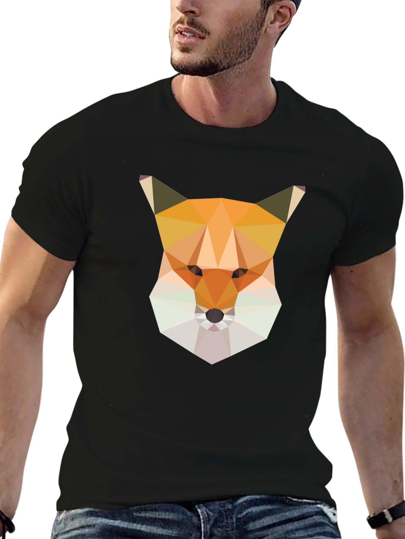 Geometric Fox Graphic Tee - Modern Mens Black T-Shirt