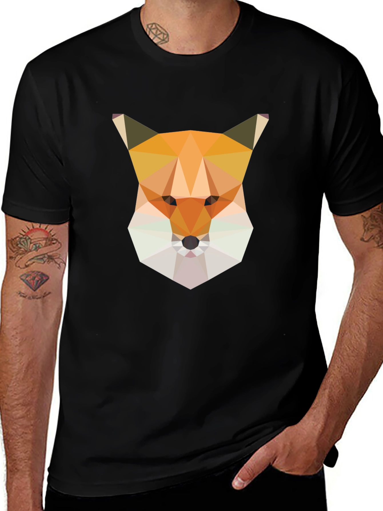 Geometric Fox Graphic Tee - Modern Mens Black T-Shirt