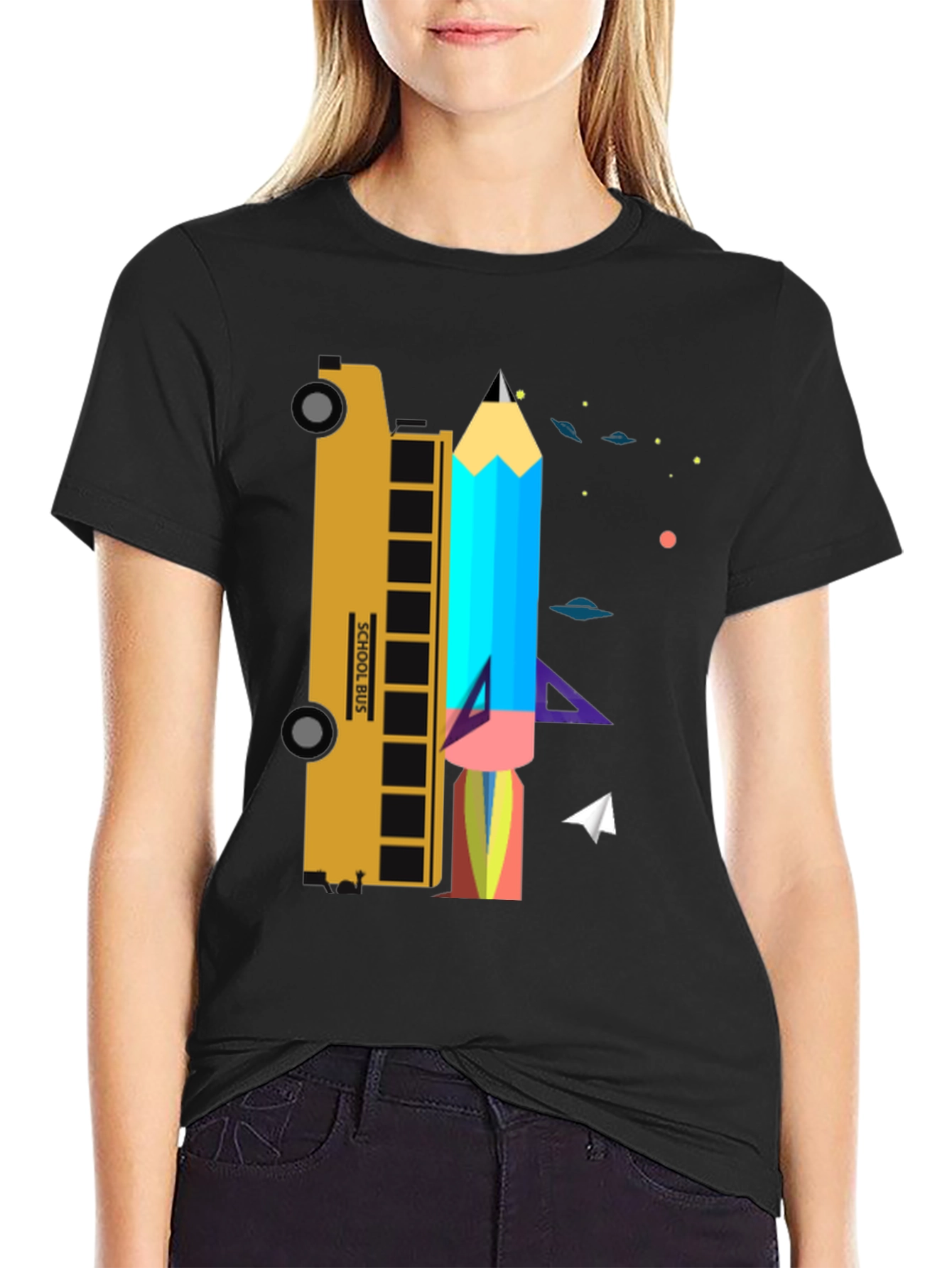 School Bus & Pencil Rocket Graphic Tee