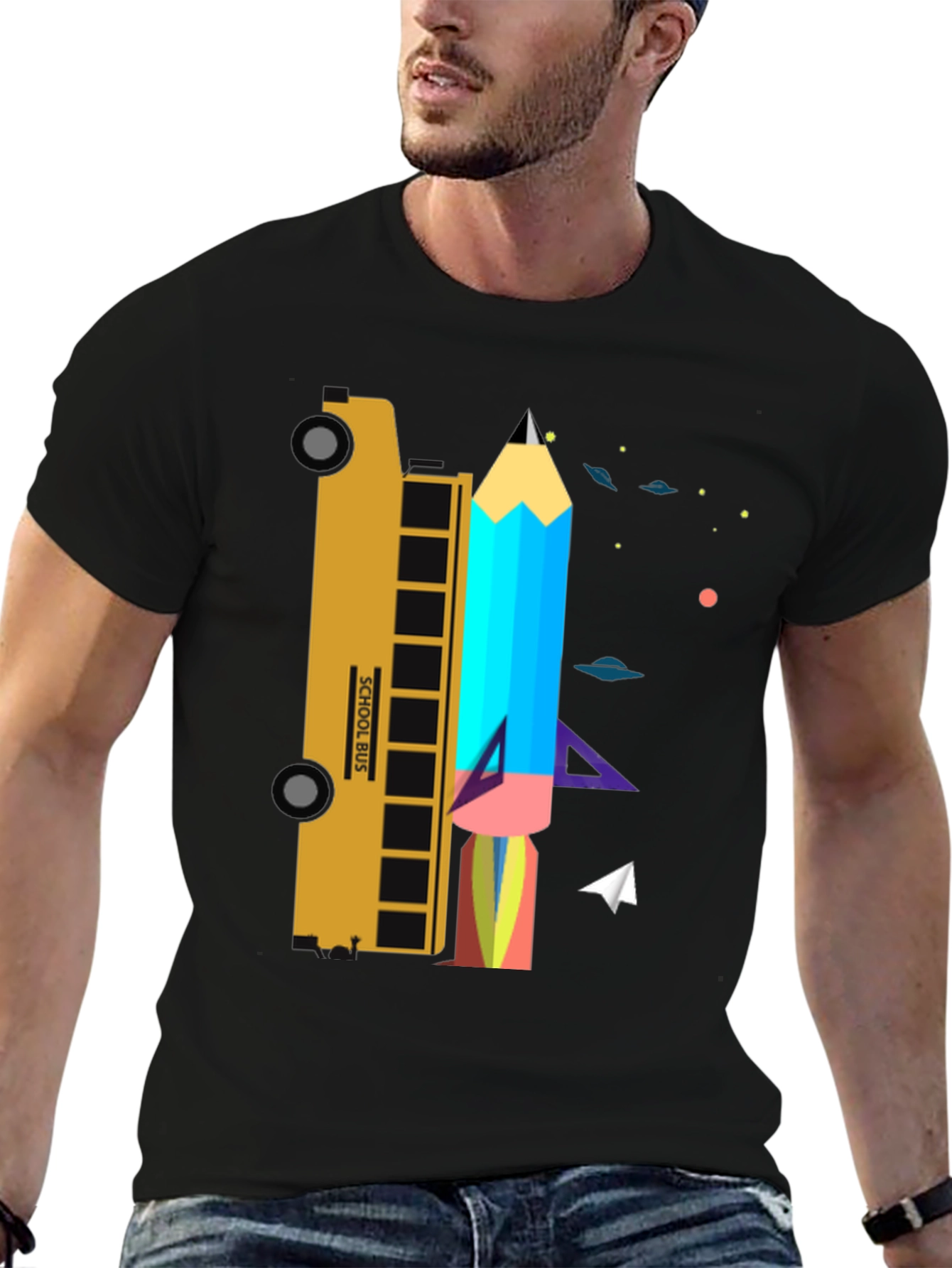 School Bus & Pencil Rocket Graphic Tee
