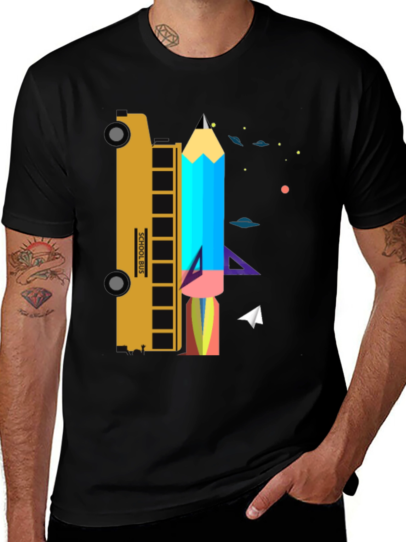 School Bus & Pencil Rocket Graphic Tee