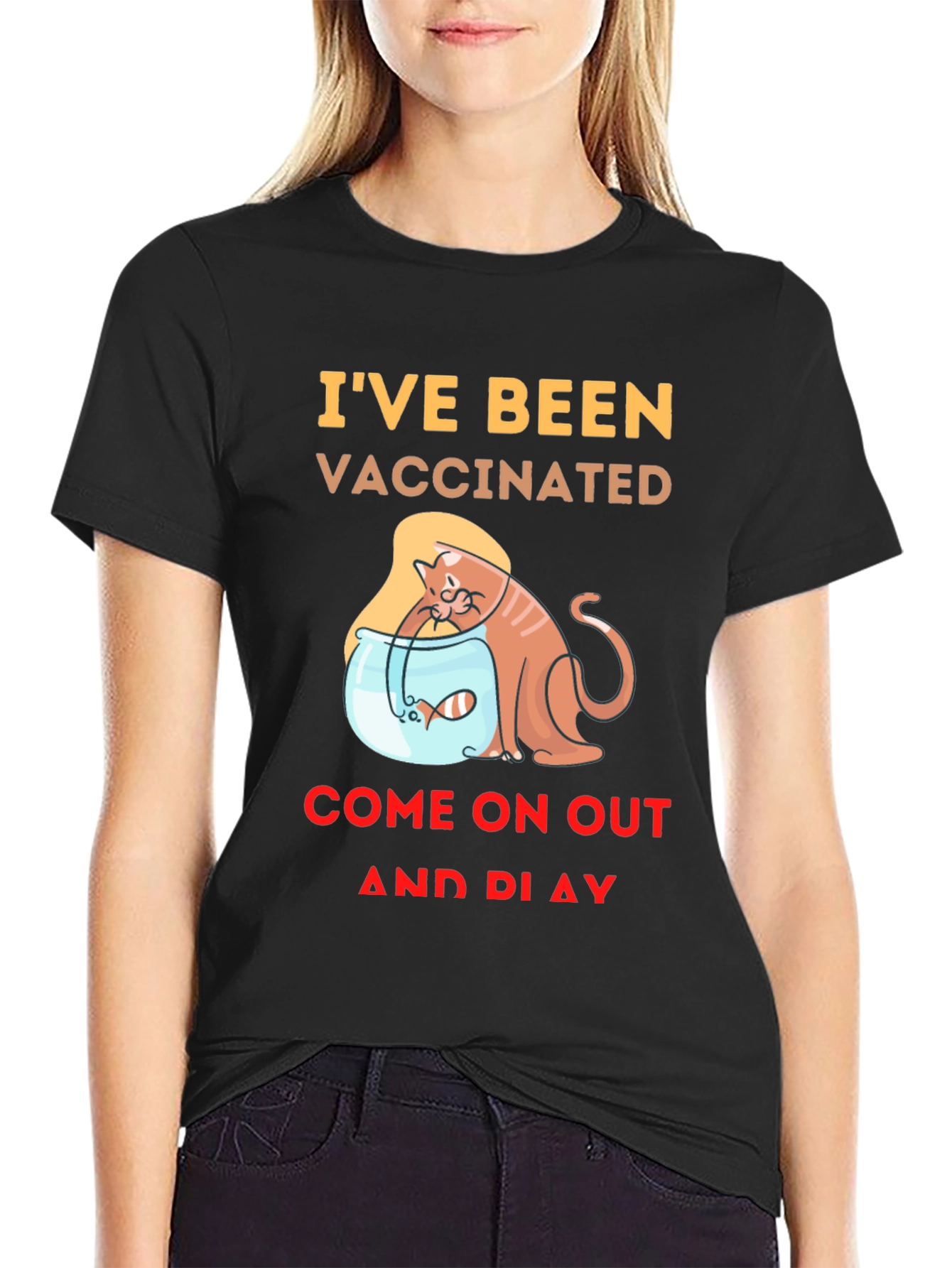Vaccinated Cat & Fish T-Shirt - Playful Design