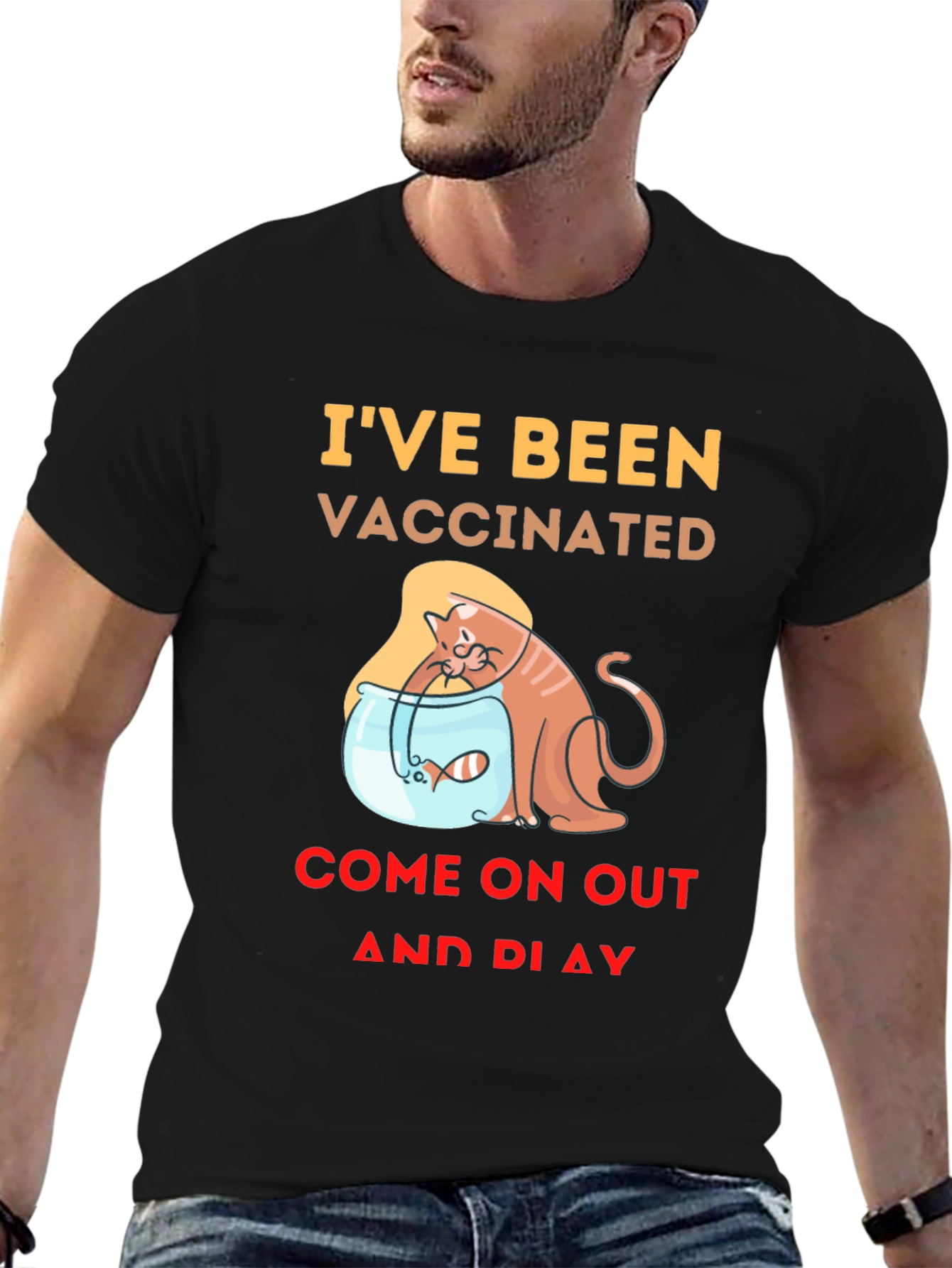 Vaccinated Cat & Fish T-Shirt - Playful Design