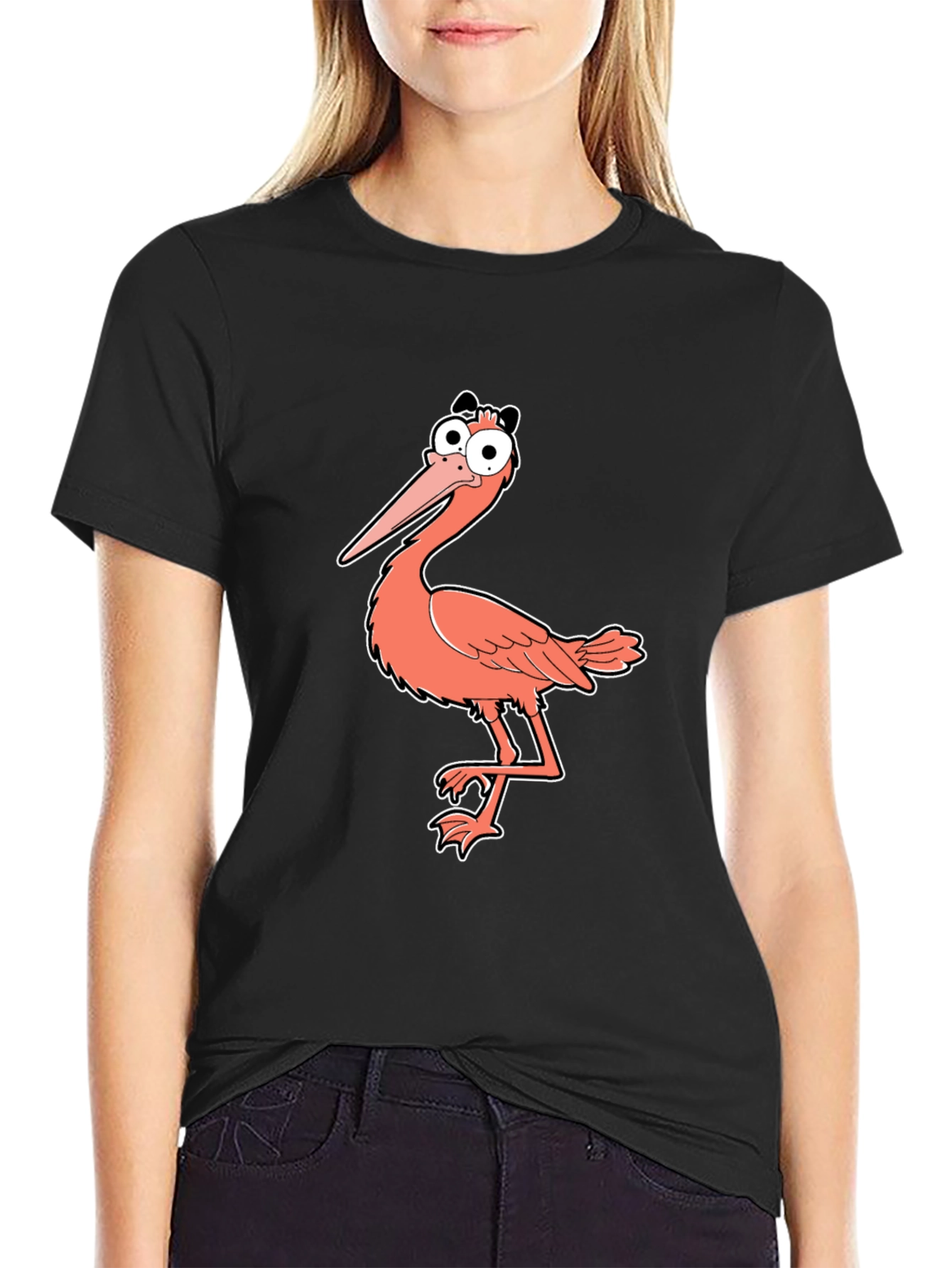 Funny Cartoon Bird Graphic Print Black T-Shirt
