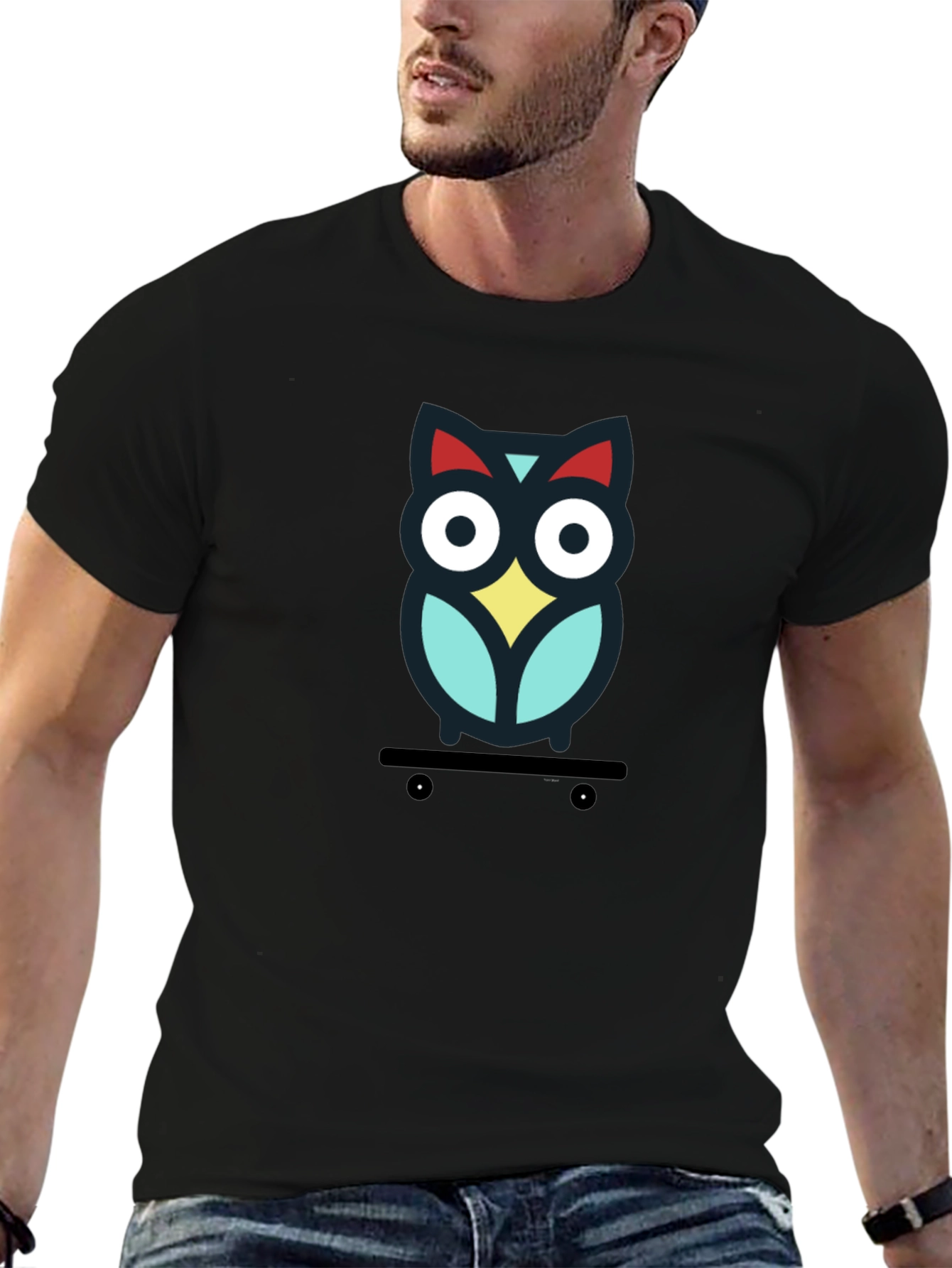 Skateboarding Owl Graphic Tee - Black Cotton T-Shirt