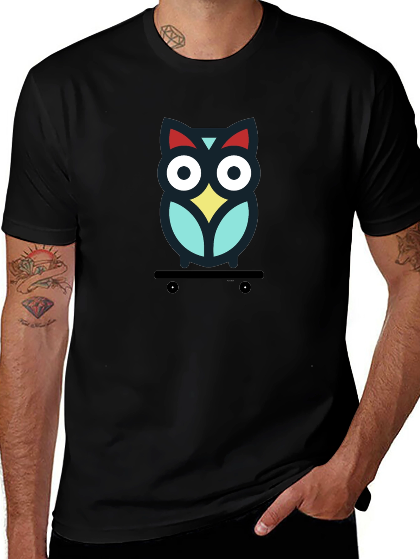 Skateboarding Owl Graphic Tee - Black Cotton T-Shirt