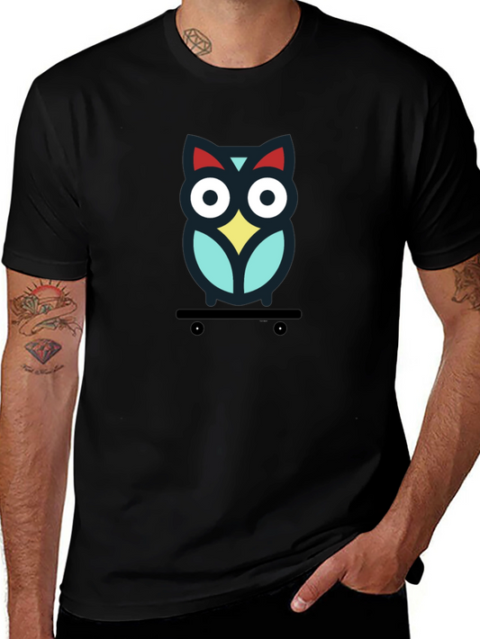 Skateboarding Owl Graphic Tee - Black Cotton T-Shirt