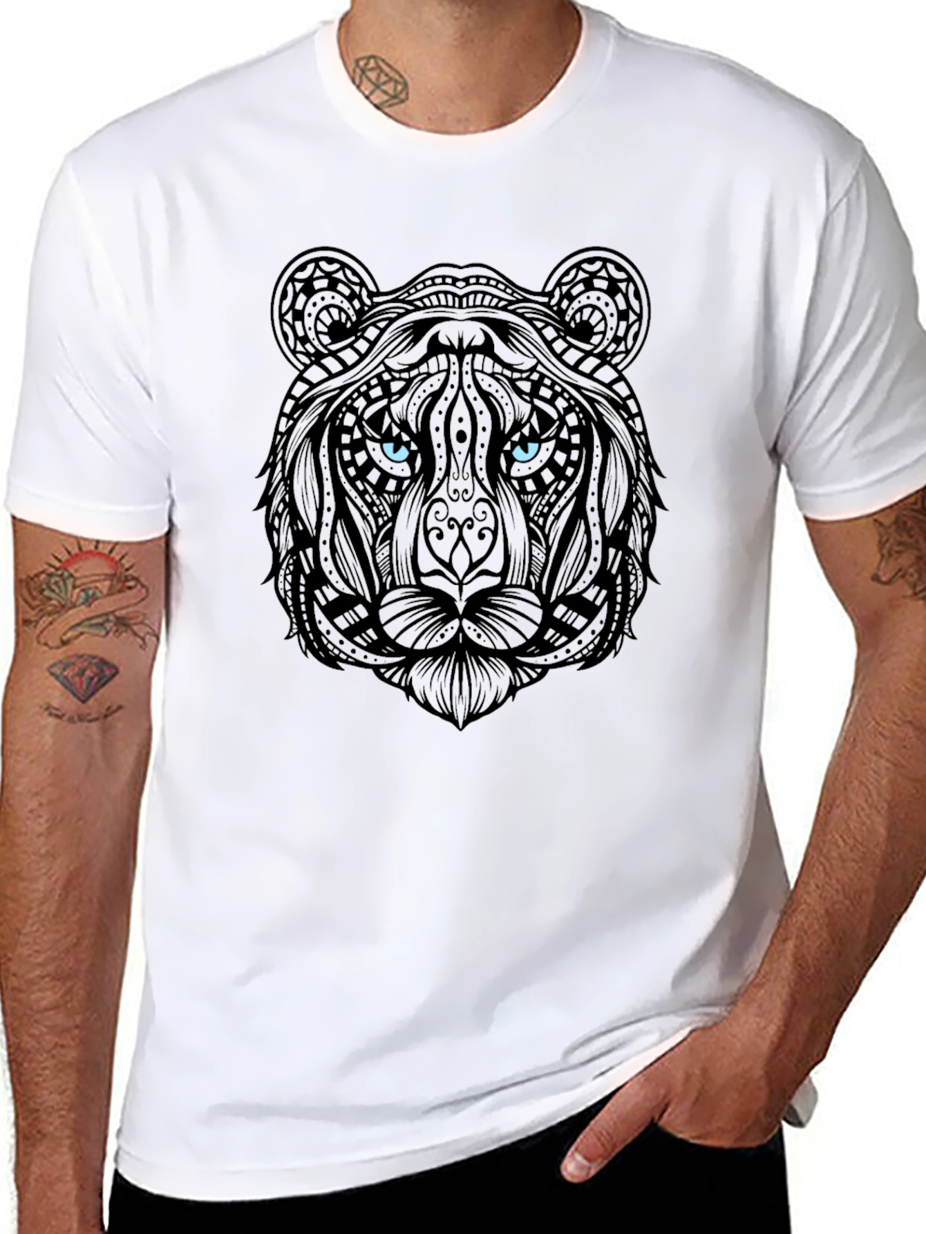 Tiger Graphic Print Crew Neck Mens Black T-Shirt