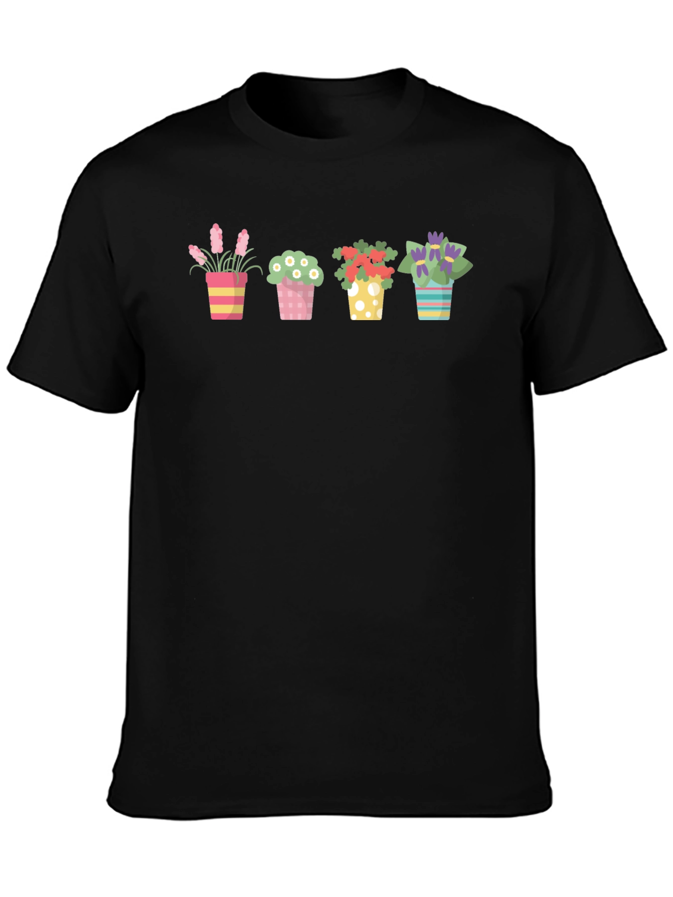 Floral Potted Plants Graphic Black T-Shirt