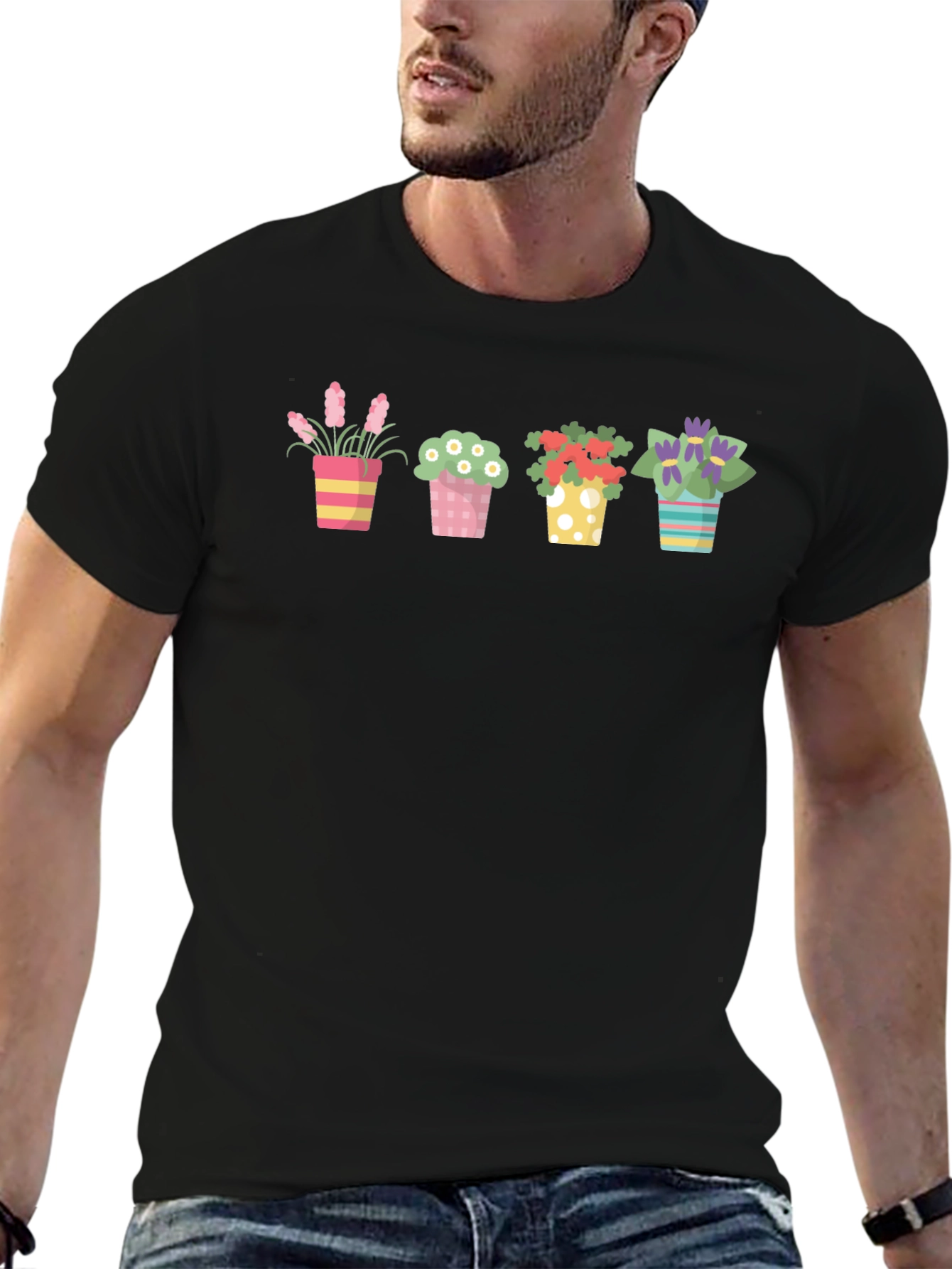 Floral Potted Plants Graphic Black T-Shirt