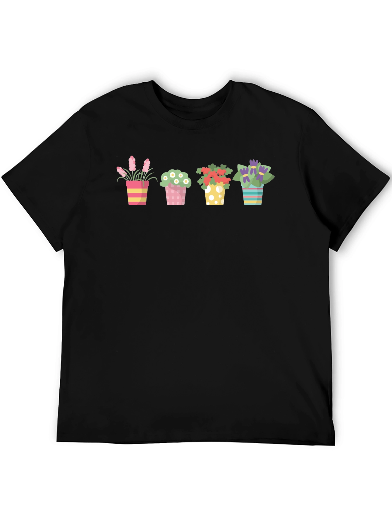 Floral Potted Plants Graphic Black T-Shirt