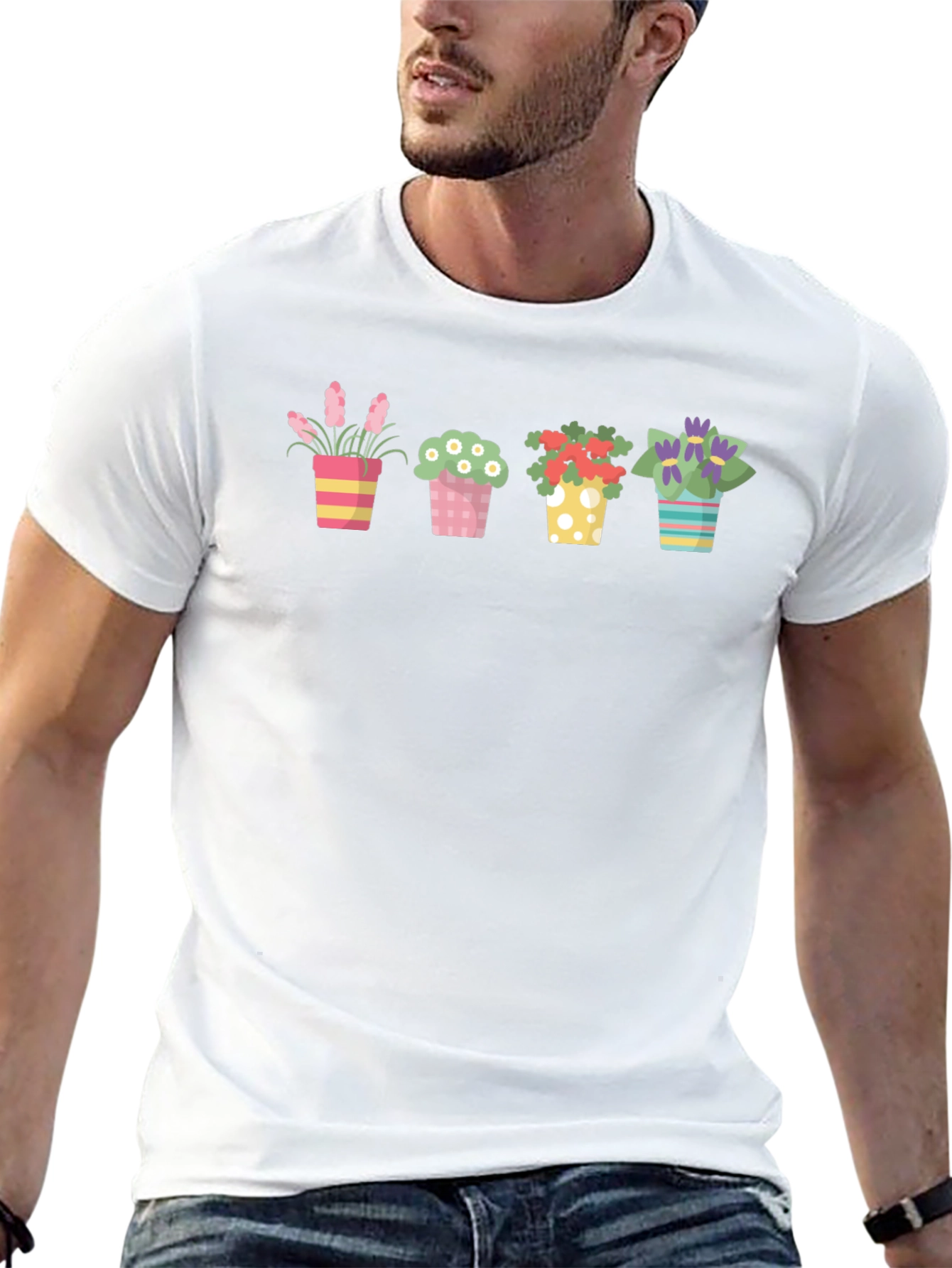 Floral Potted Plants Graphic Black T-Shirt
