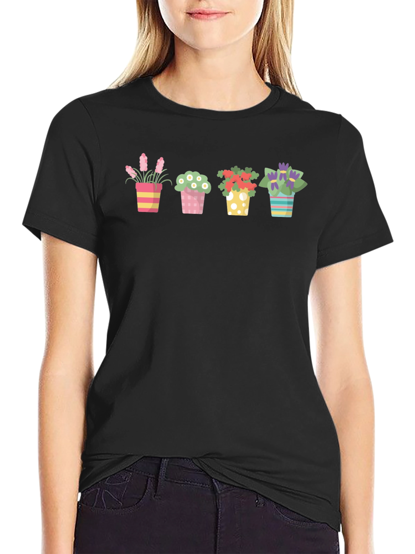 Floral Potted Plants Graphic Black T-Shirt