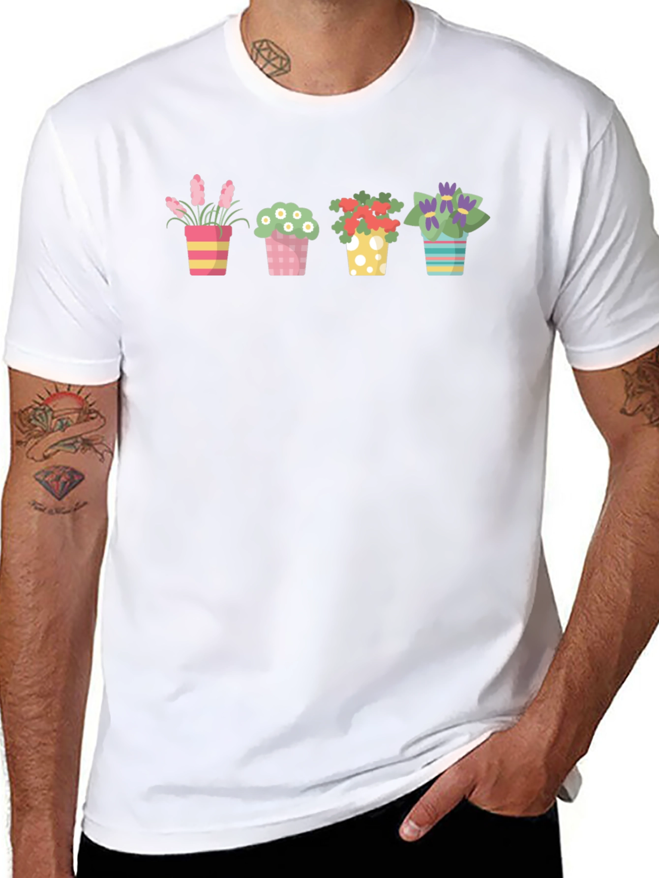 Floral Potted Plants Graphic Black T-Shirt