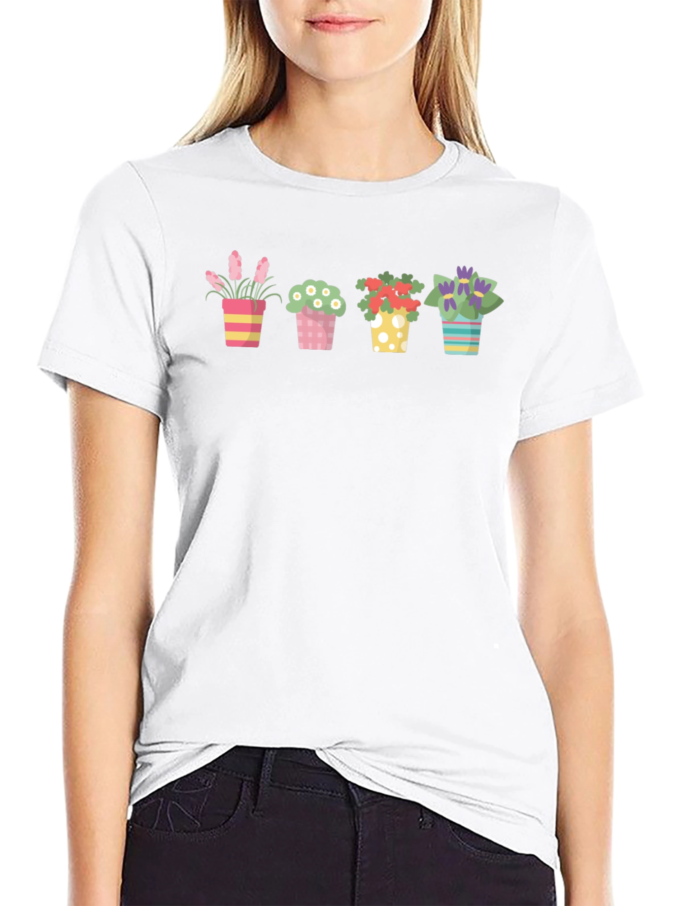Floral Potted Plants Graphic Black T-Shirt