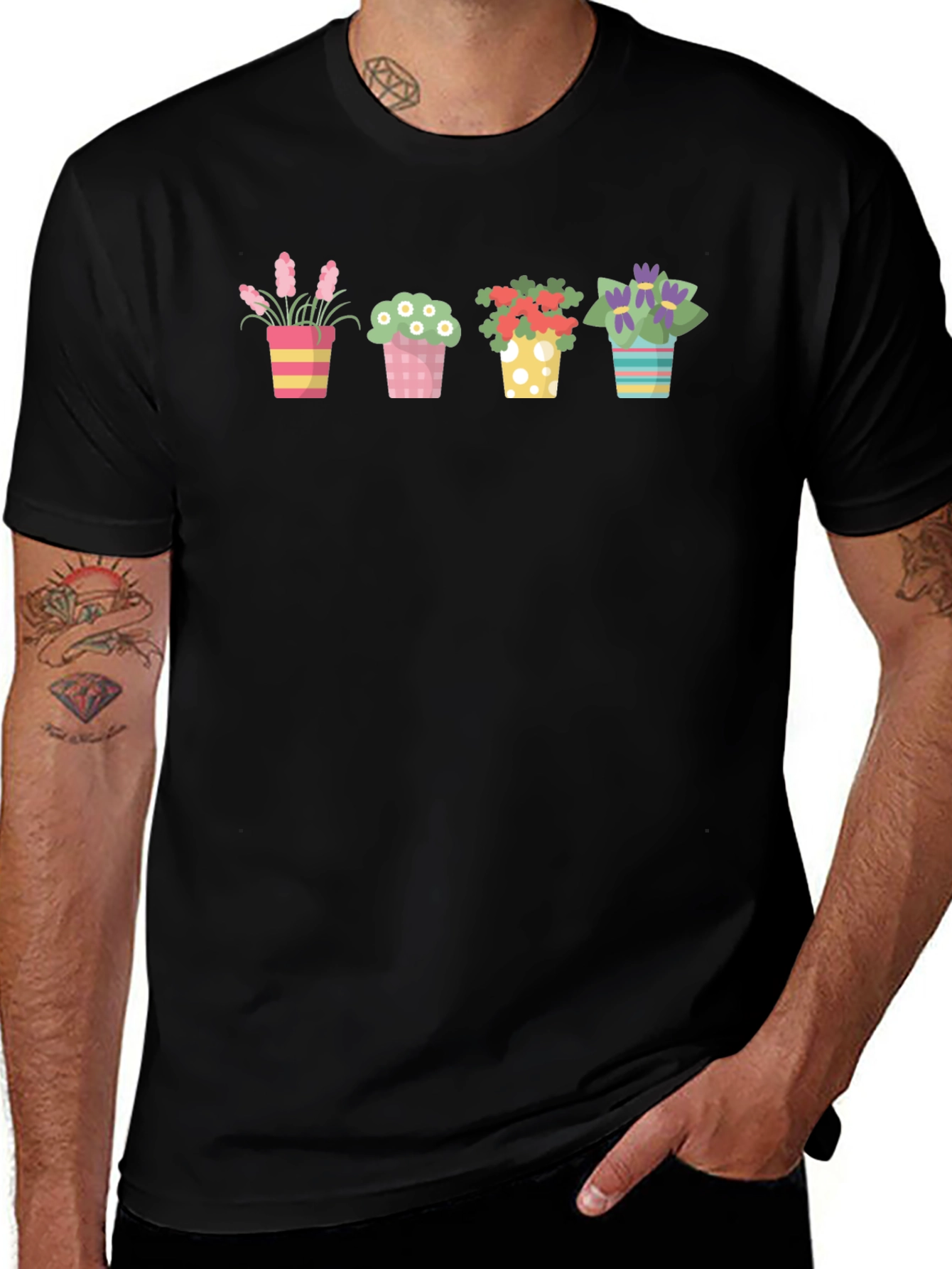 Floral Potted Plants Graphic Black T-Shirt