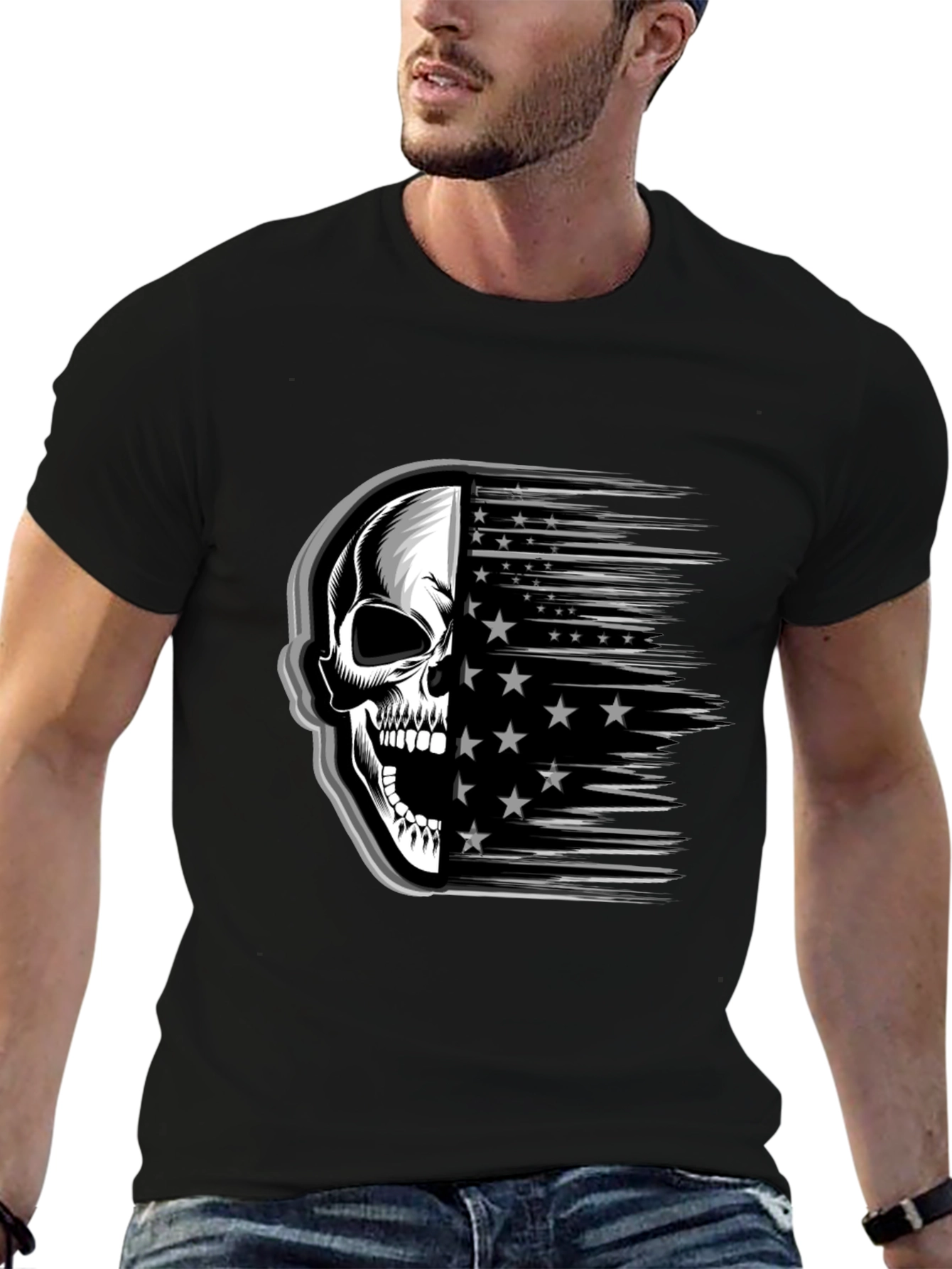 Skull Stars Stripes Graphic Tee - Mens Black T-Shirt