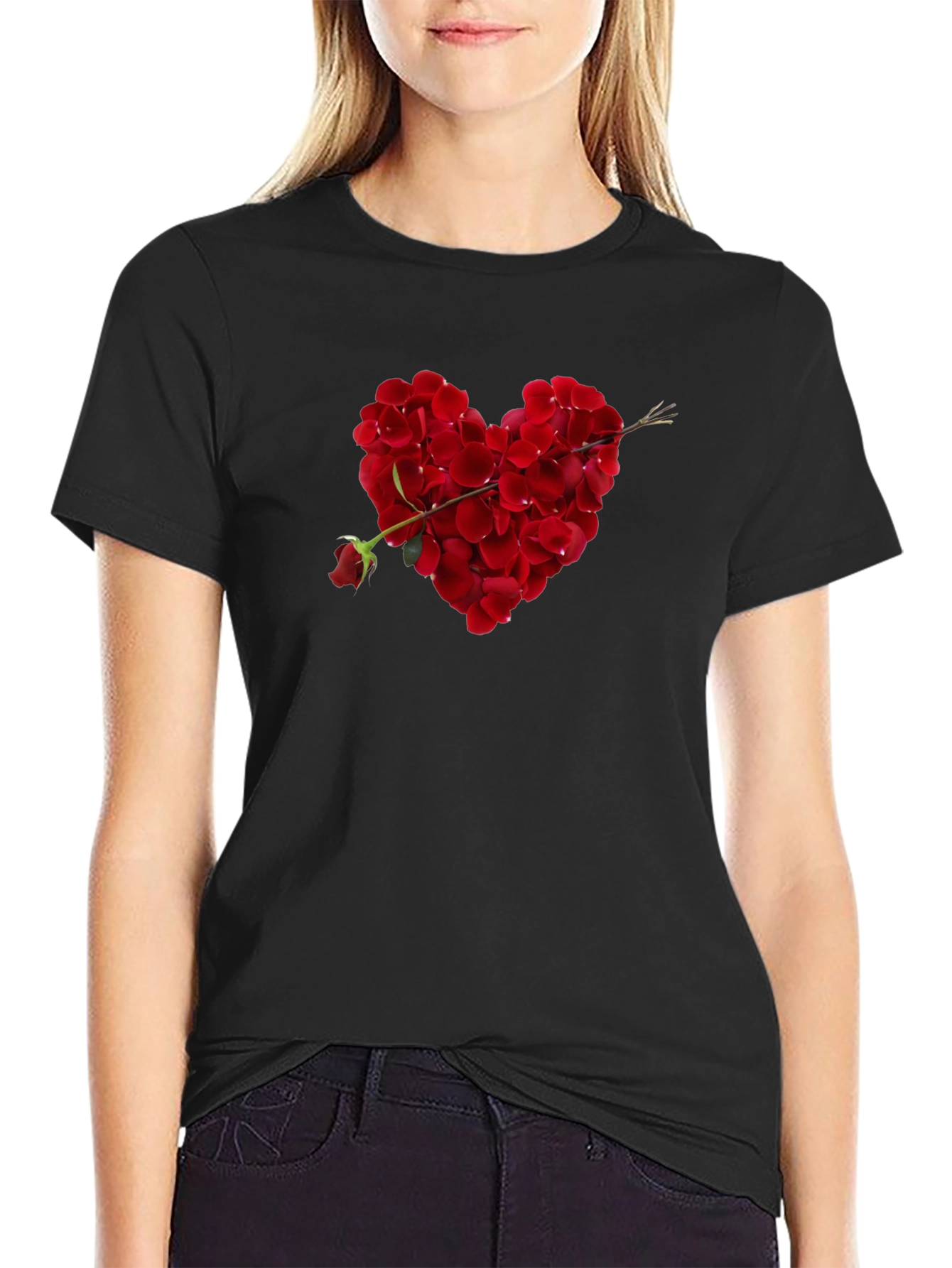 Rose Petal Heart Graphic Tee - Romantic Black T-Shirt