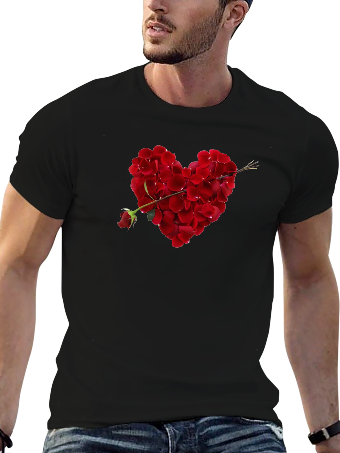 Rose Petal Heart Graphic Tee - Romantic Black T-Shirt