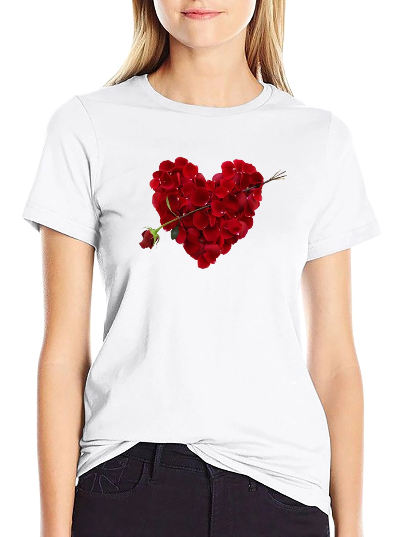 Rose Petal Heart Graphic Tee - Romantic Black T-Shirt