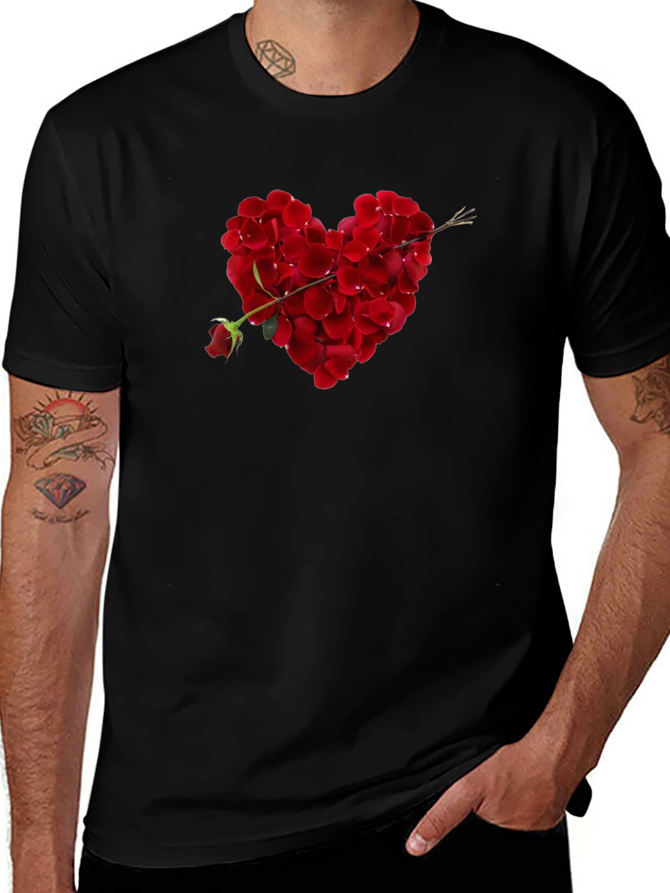 Rose Petal Heart Graphic Tee - Romantic Black T-Shirt